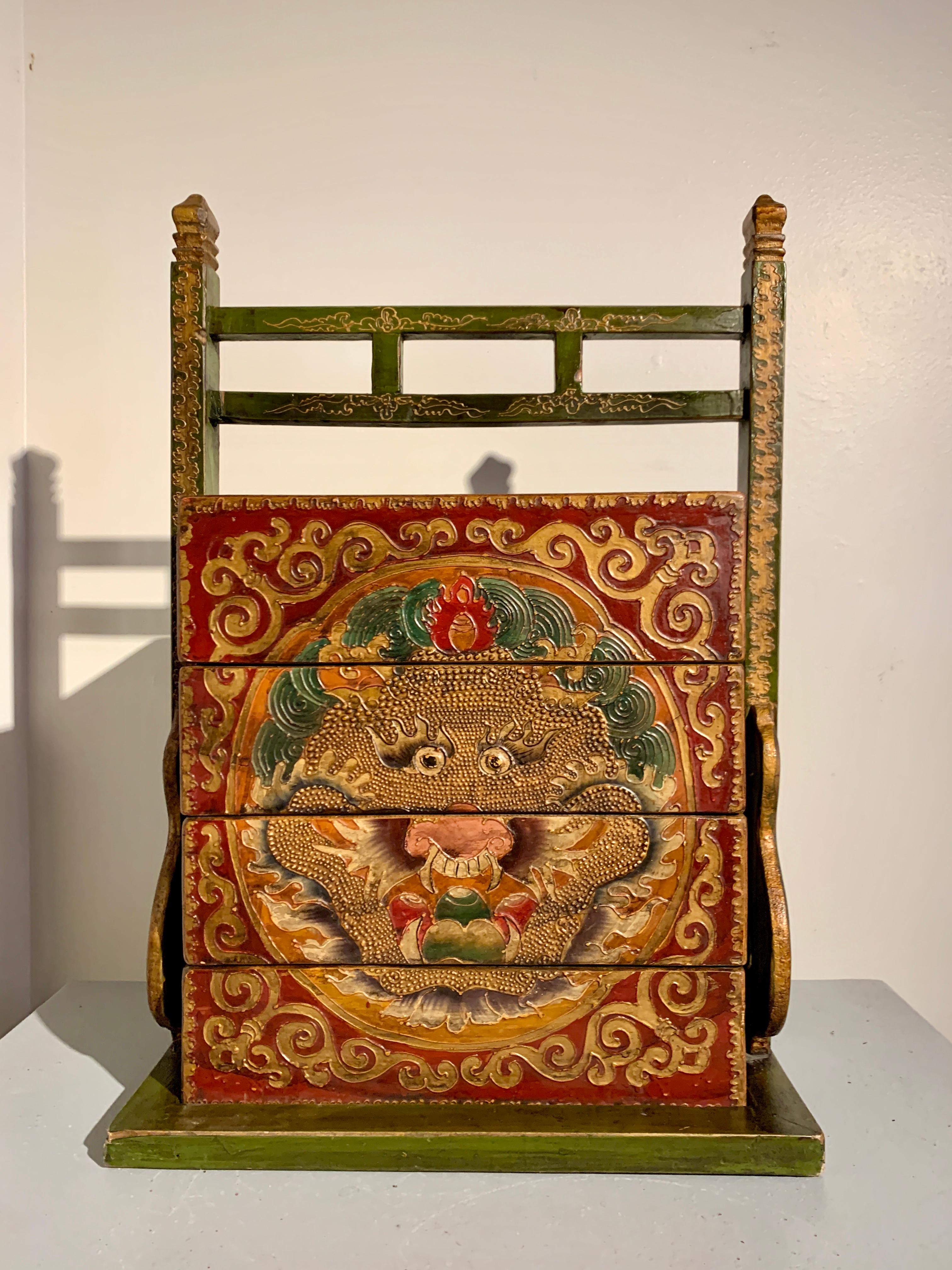 Vintage Tibetan Style Dragon Stacking Picnic Box, Painted Wood, 1990's, China In Good Condition For Sale In Austin, TX