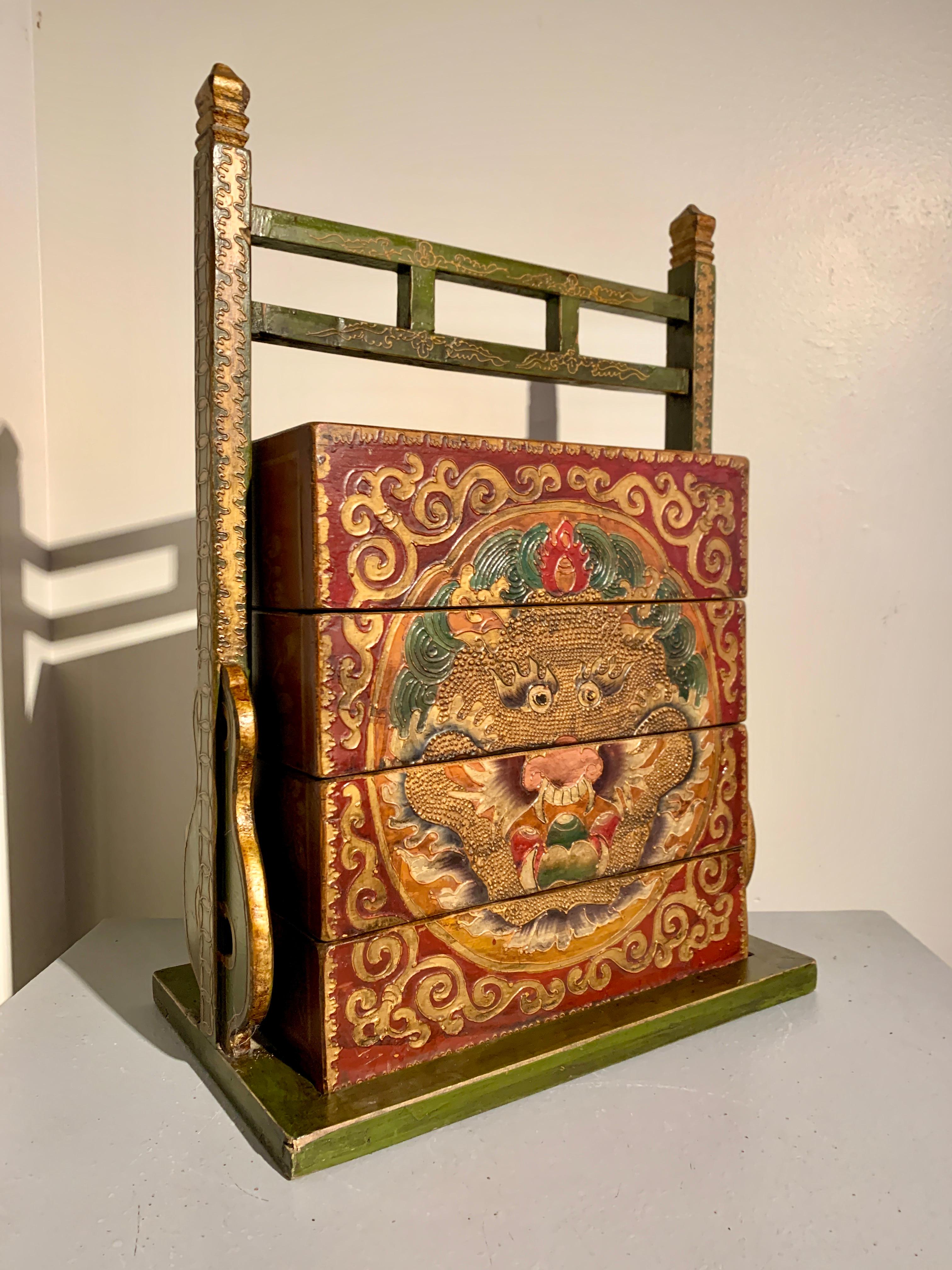 Late 20th Century Vintage Tibetan Style Dragon Stacking Picnic Box, Painted Wood, 1990's, China For Sale