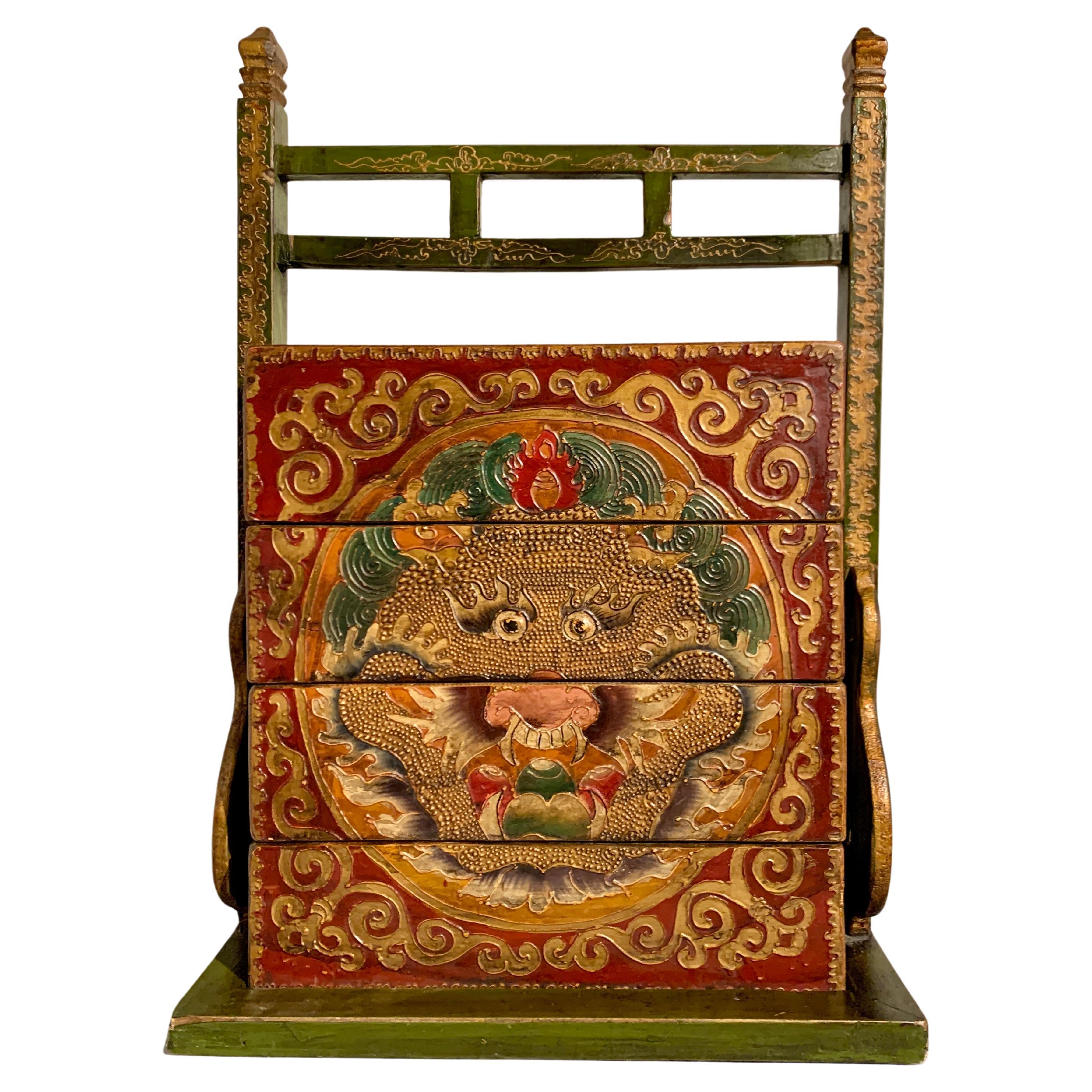 Vintage Tibetan Style Dragon Stacking Picnic Box, Painted Wood, 1990's, China