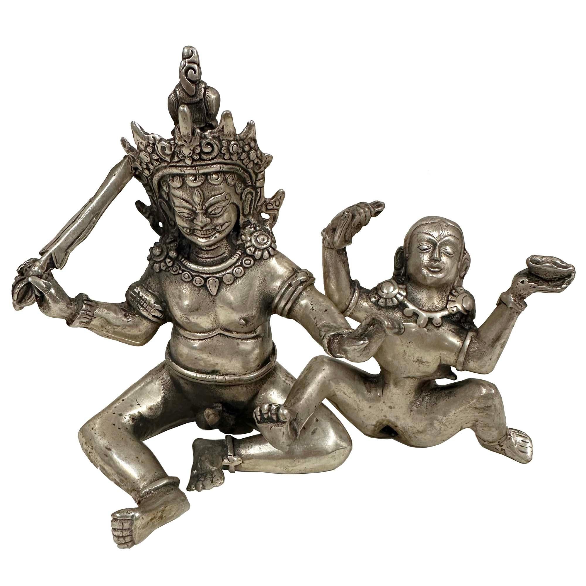 Hand-Crafted Vintage Tibetan Tantra Buddhism Hevajra Yab-Yum Buddha Statue For Sale