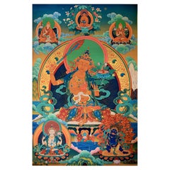 Vintage Tibetan Thangka Manjushree on Linen