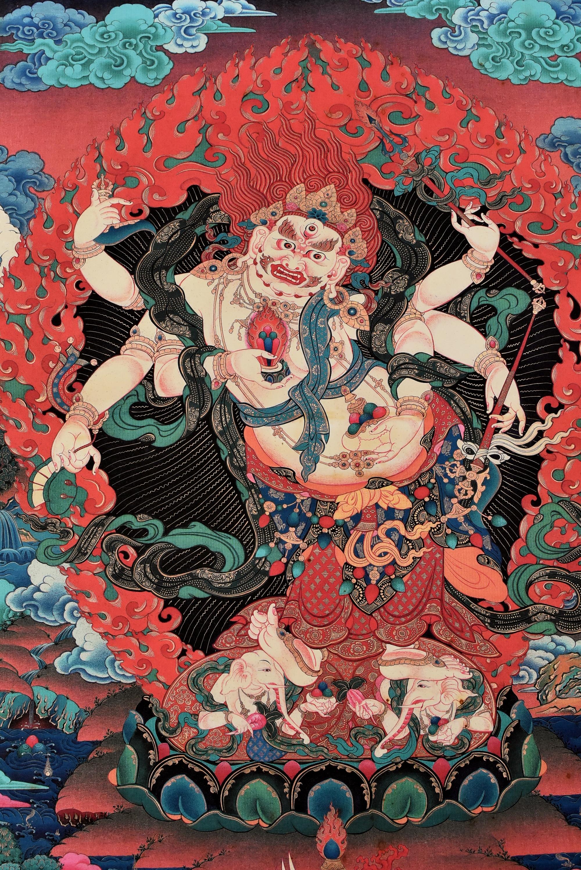 An absolutely brilliant Thangka painting. This piece depicts the protection god Hayagriva whose ferocious expression and power subdues negative and demonic forces. Hayagriva is a Buddhist deity whose practices are found ranging from simple forms to