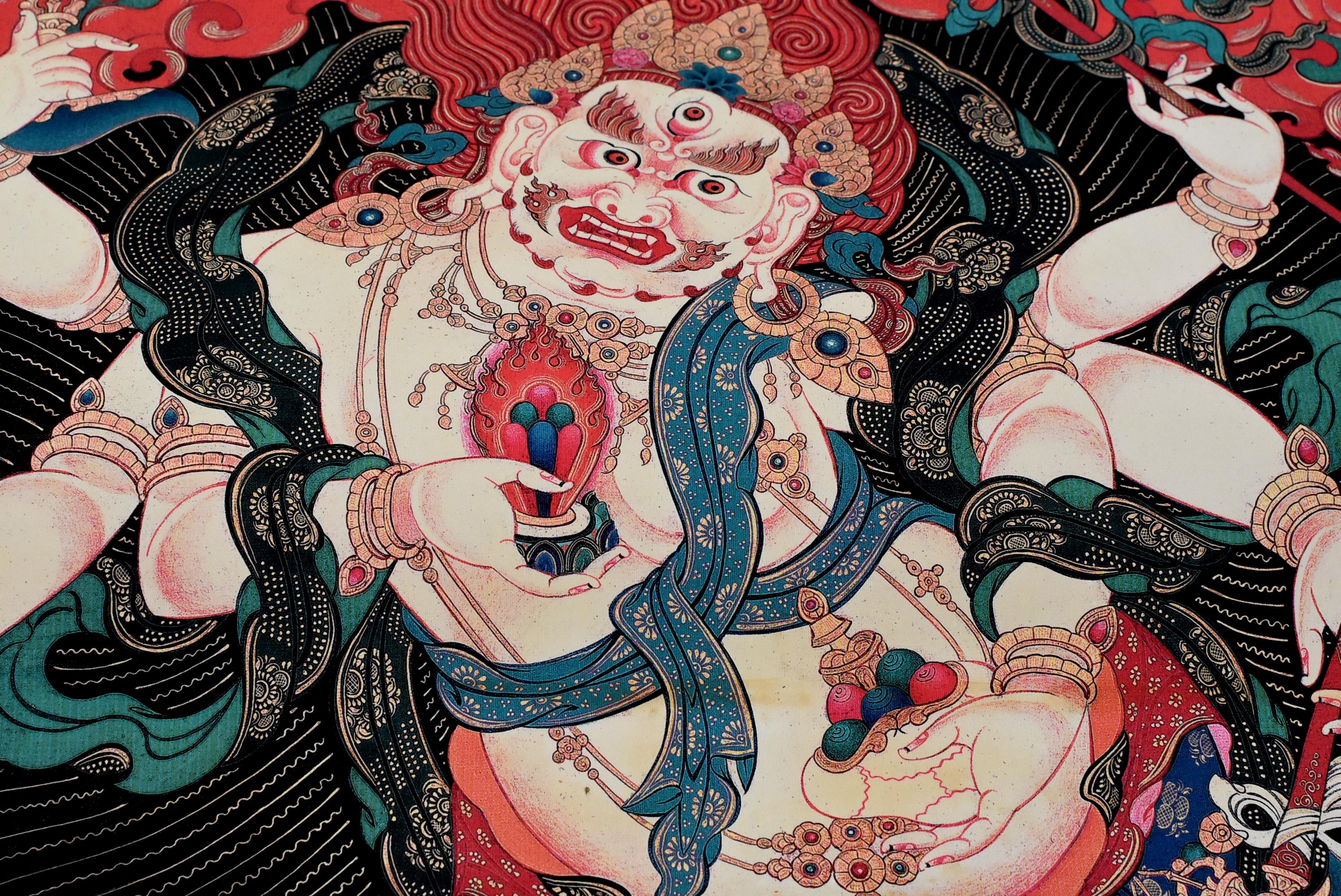 Hand-Painted Vintage Tibetan Thangka Painting, Protection God Hayagriva Thanka