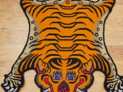Vintage Tibetan Tiger-Shaped Rug in Bright Orange with Black, Red & Blue Accents