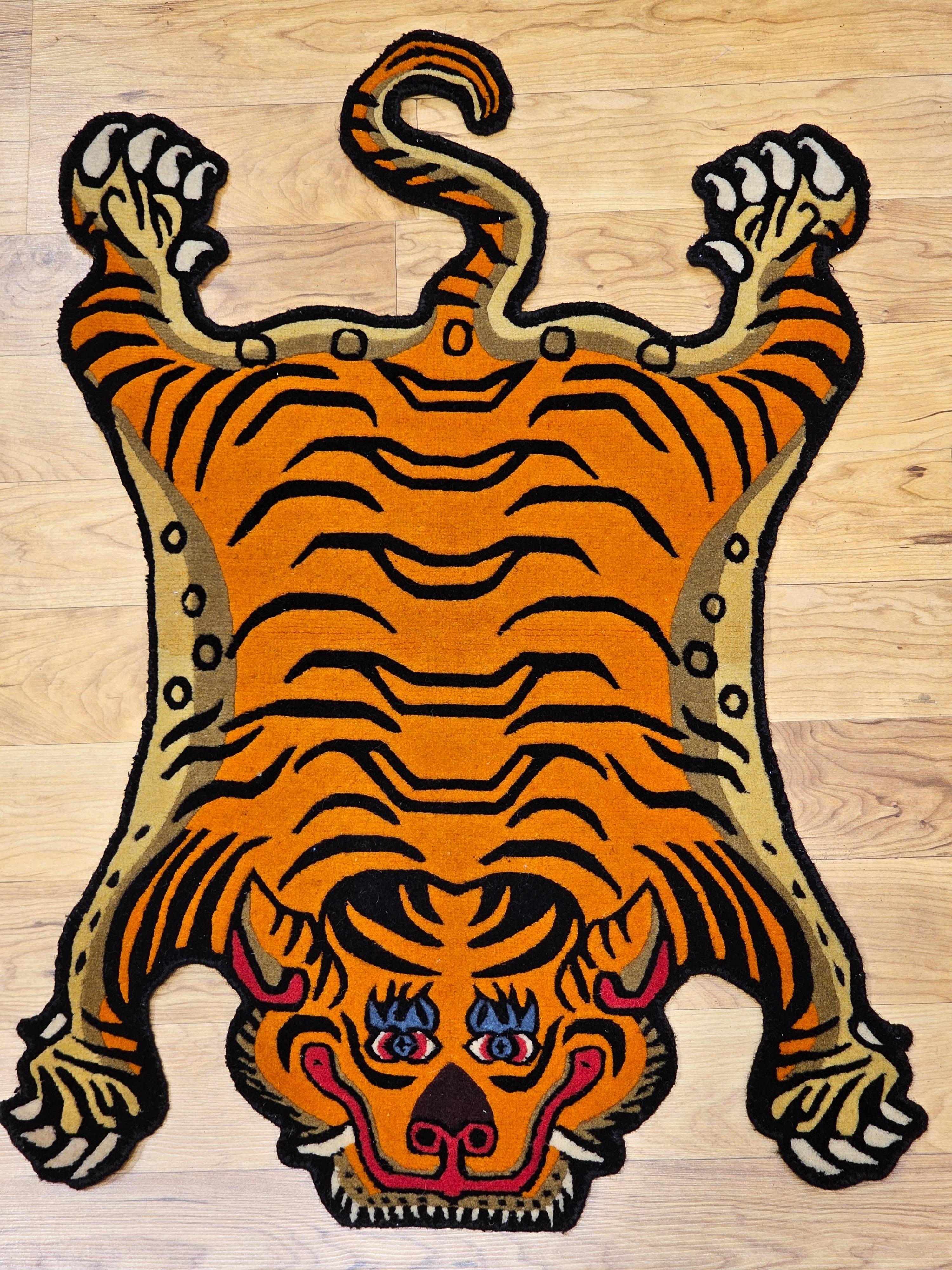20th Century Vintage Tibetan Tiger Rug in Orange, black, Red, Blue For Sale