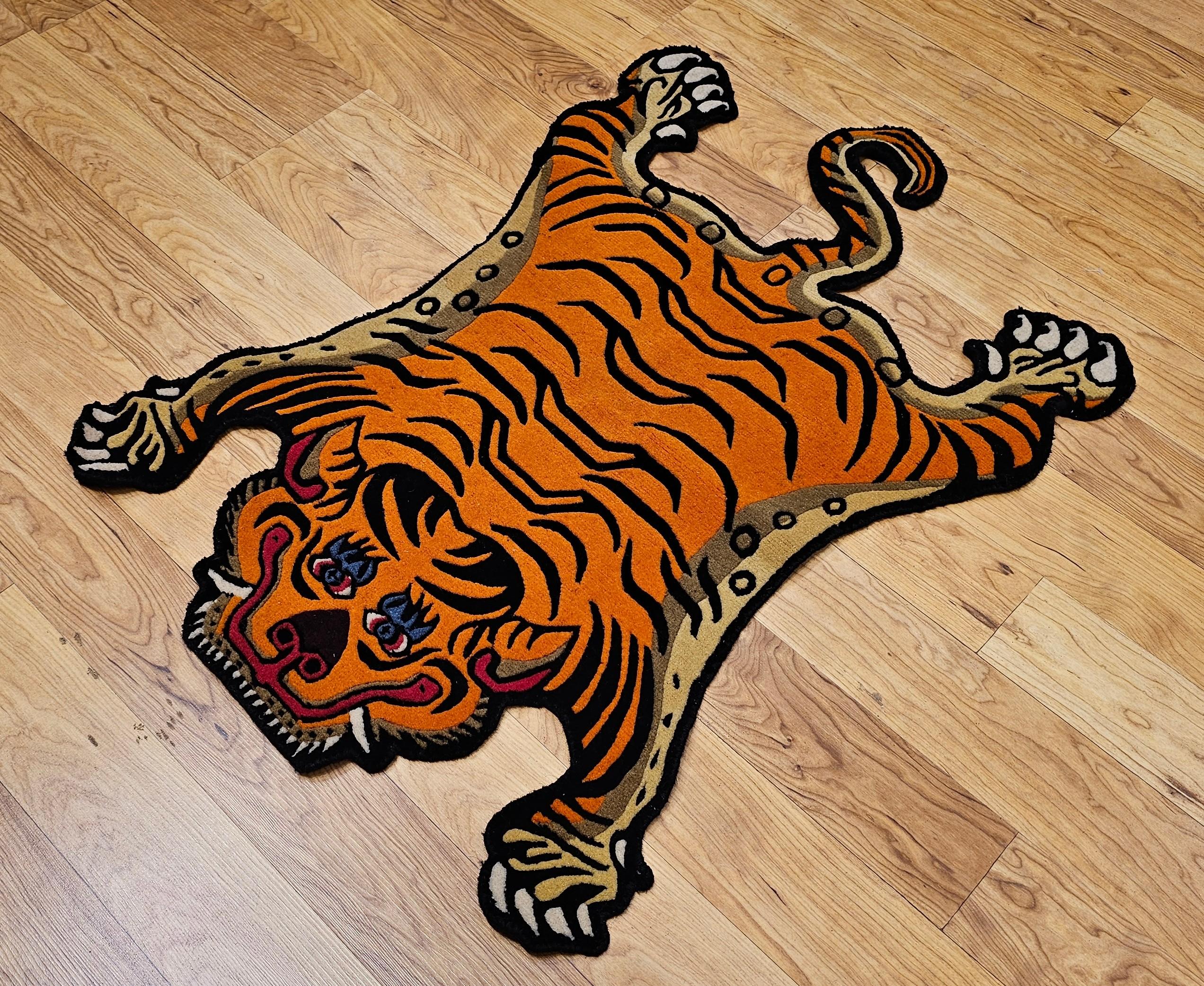 Vintage Tibetan Tiger Rug in Orange, black, Red, Blue For Sale 3