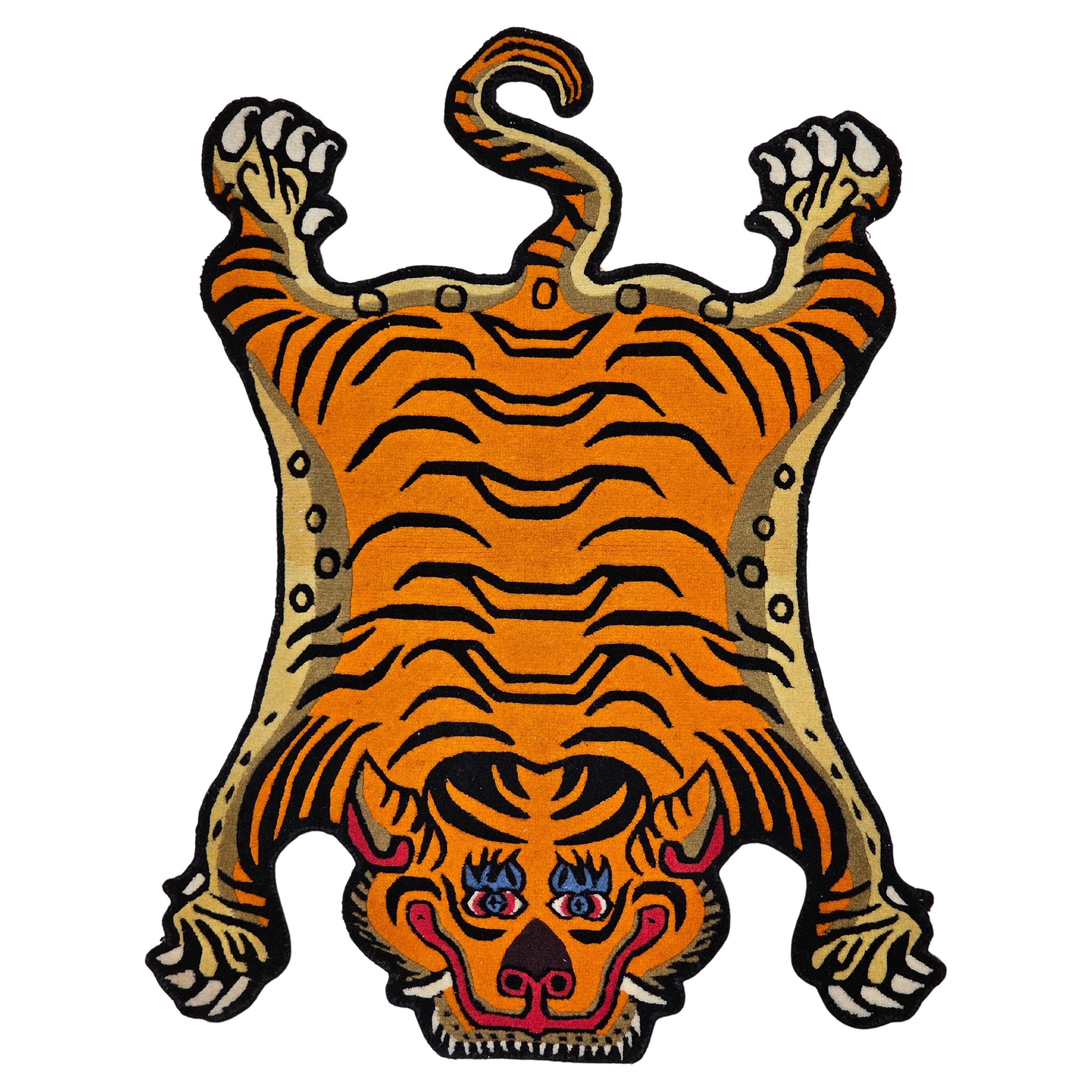 Vintage Tibetan Tiger-Shaped Rug in Bright Orange with Black, Red & Blue Accents For Sale