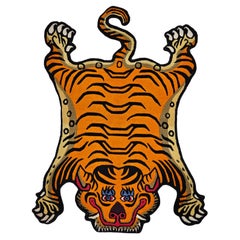 Tapis tigré tibétain vintage orange, noir, rouge, bleu