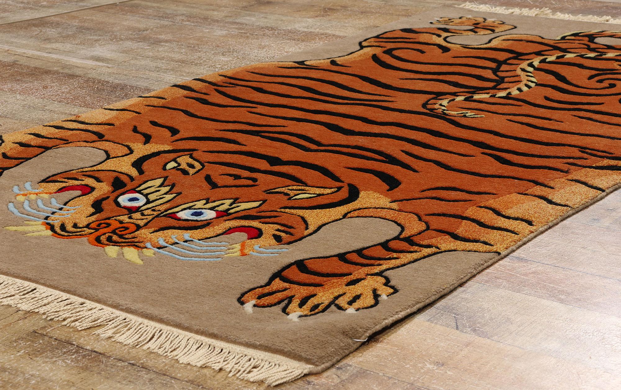 Vintage Tibetan Tiger Rug, Modern Monasteries Meet Ancient Mystique 3
