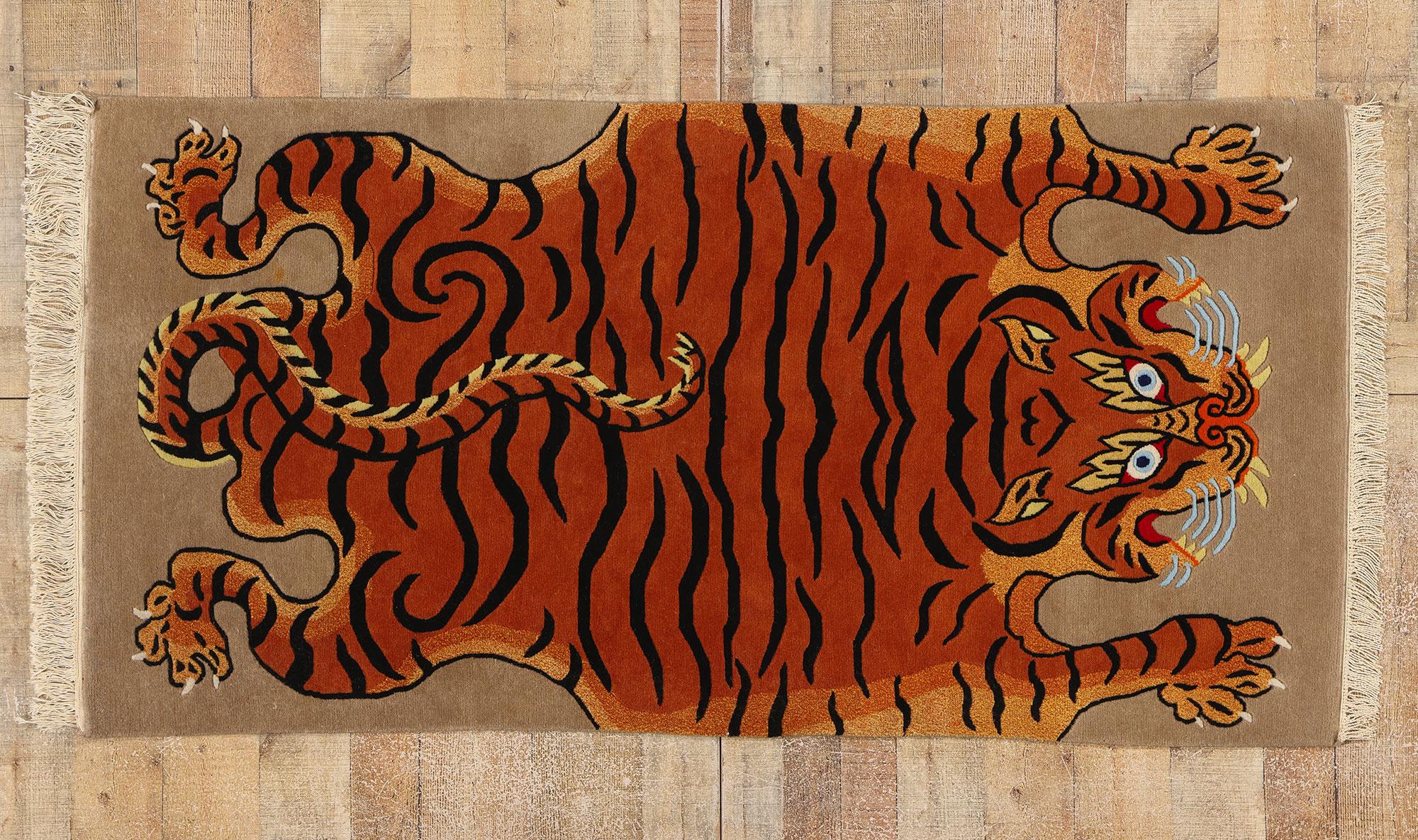 78740 Vintage Ralo Tibetan Royal Trophy Tiger Rug, 03'00 x 06'00. The Ralo Tibetan Royal Trophy Tiger Rug, meticulously crafted from raw Tibetan wool and dyed with organic plant sources like munjeet, walnut, Tibetan rhubarb, and indigo, encapsulates