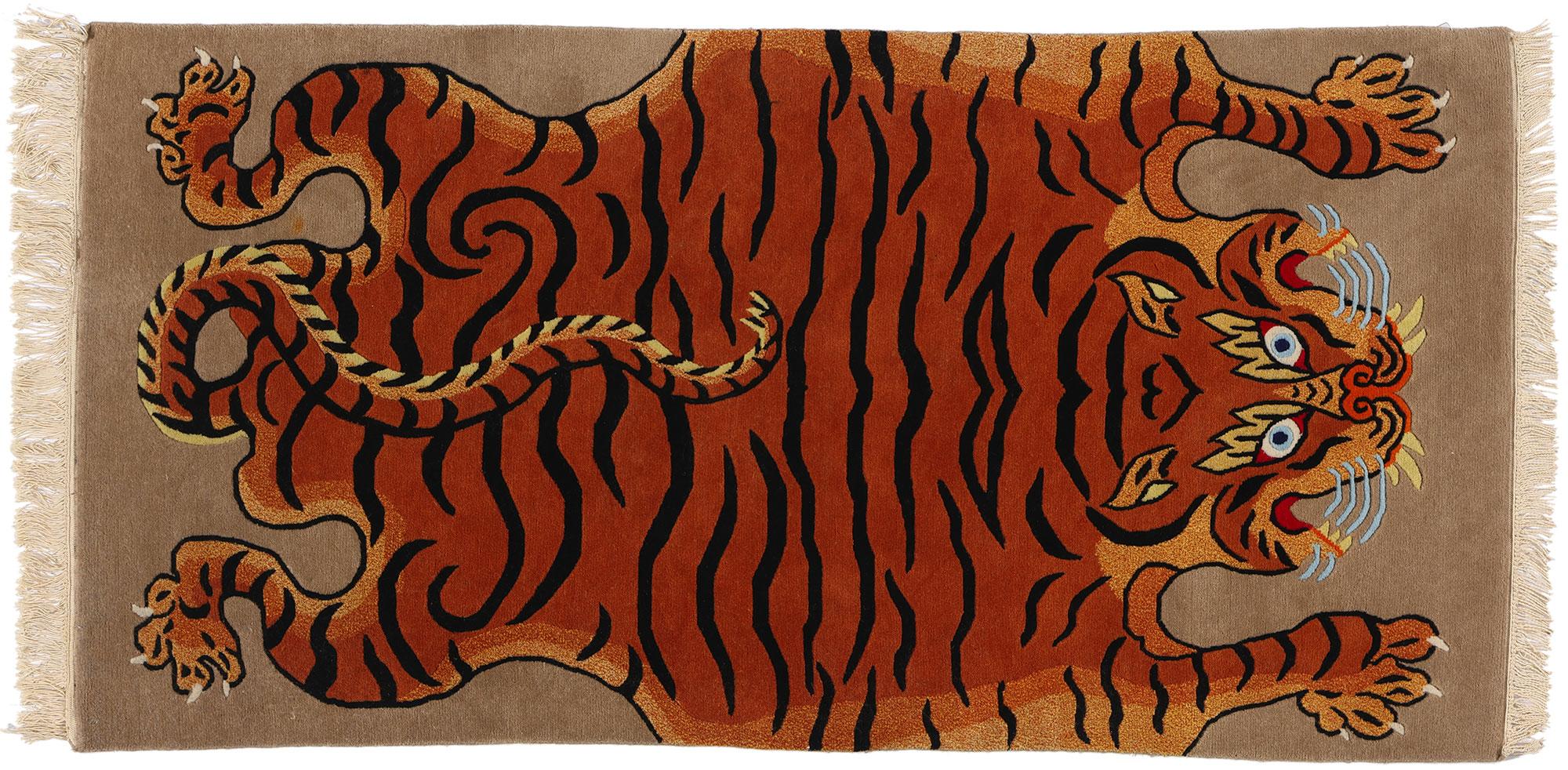 Chinese Export Vintage Tibetan Tiger Rug, Modern Monasteries Meet Ancient Mystique