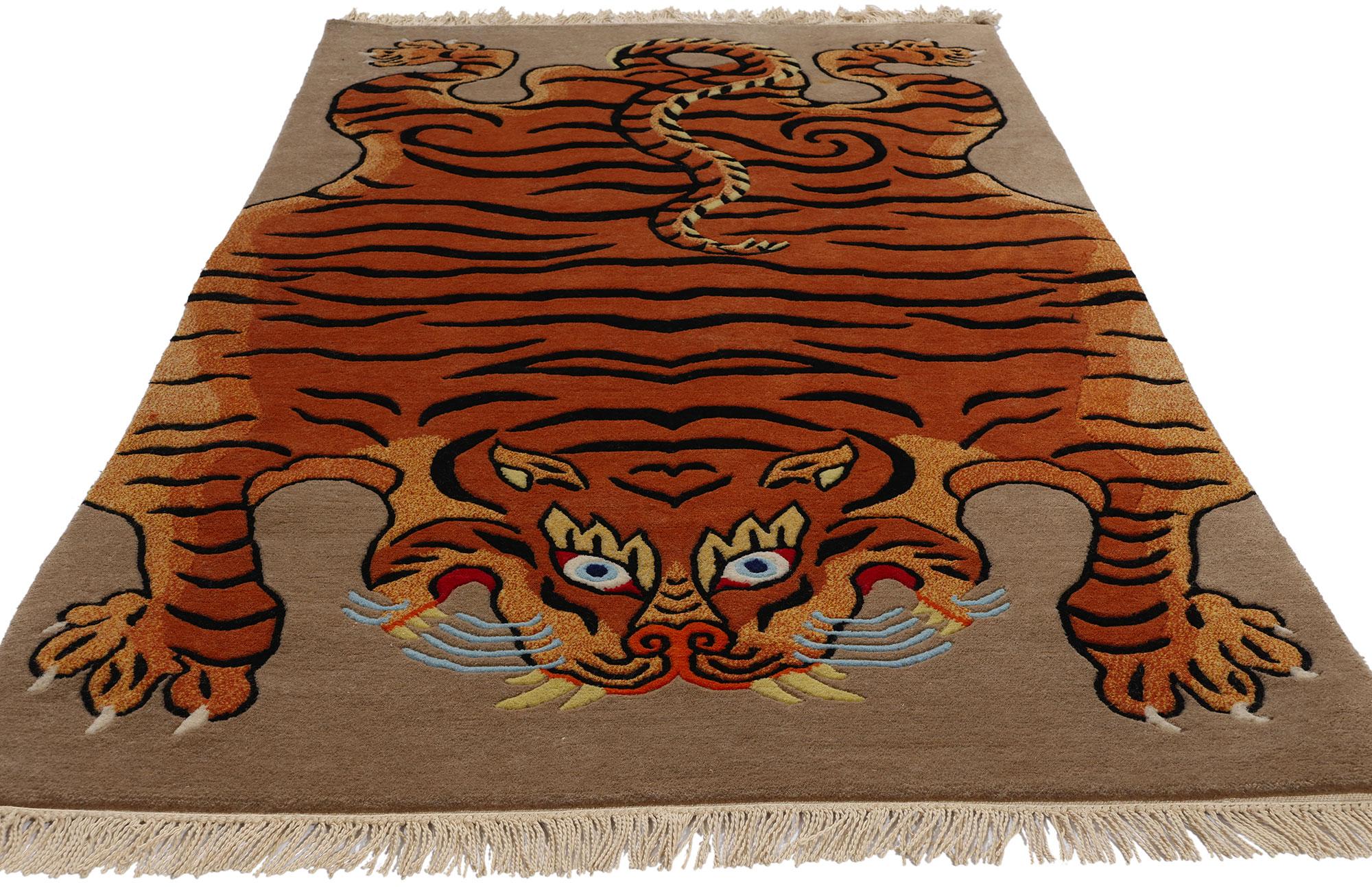 Hand-Knotted Vintage Tibetan Tiger Rug, Modern Monasteries Meet Ancient Mystique