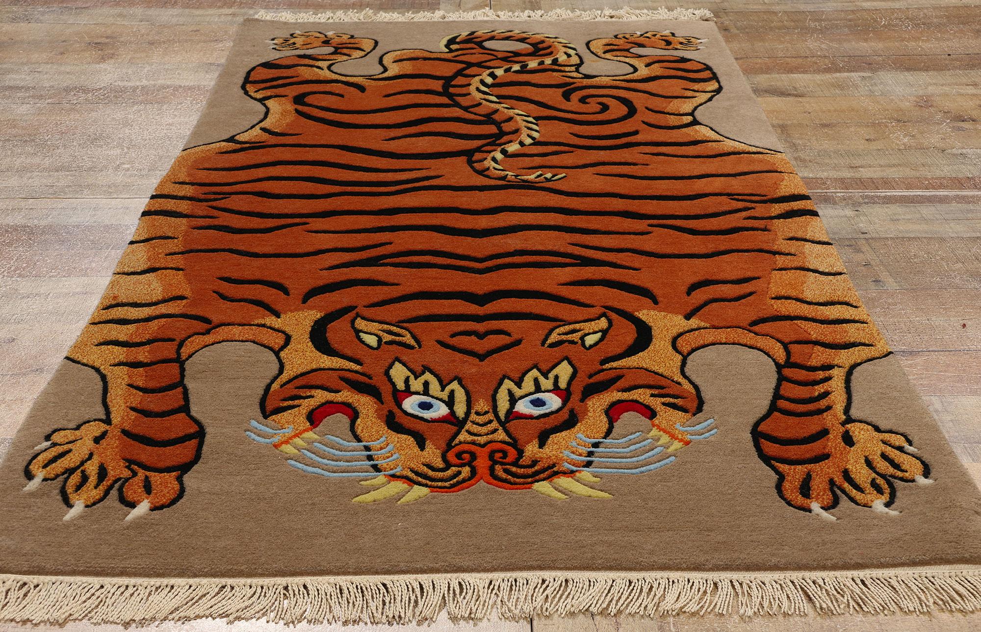 Vintage Tibetan Tiger Rug, Modern Monasteries Meet Ancient Mystique In Good Condition In Dallas, TX