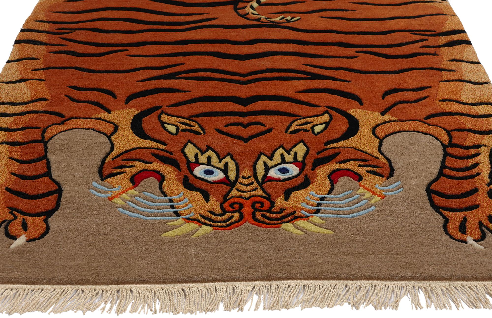 20th Century Vintage Tibetan Tiger Rug, Modern Monasteries Meet Ancient Mystique