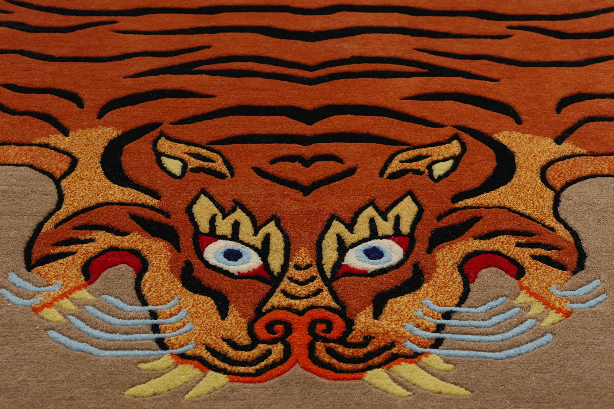 Wool Vintage Tibetan Tiger Rug, Modern Monasteries Meet Ancient Mystique