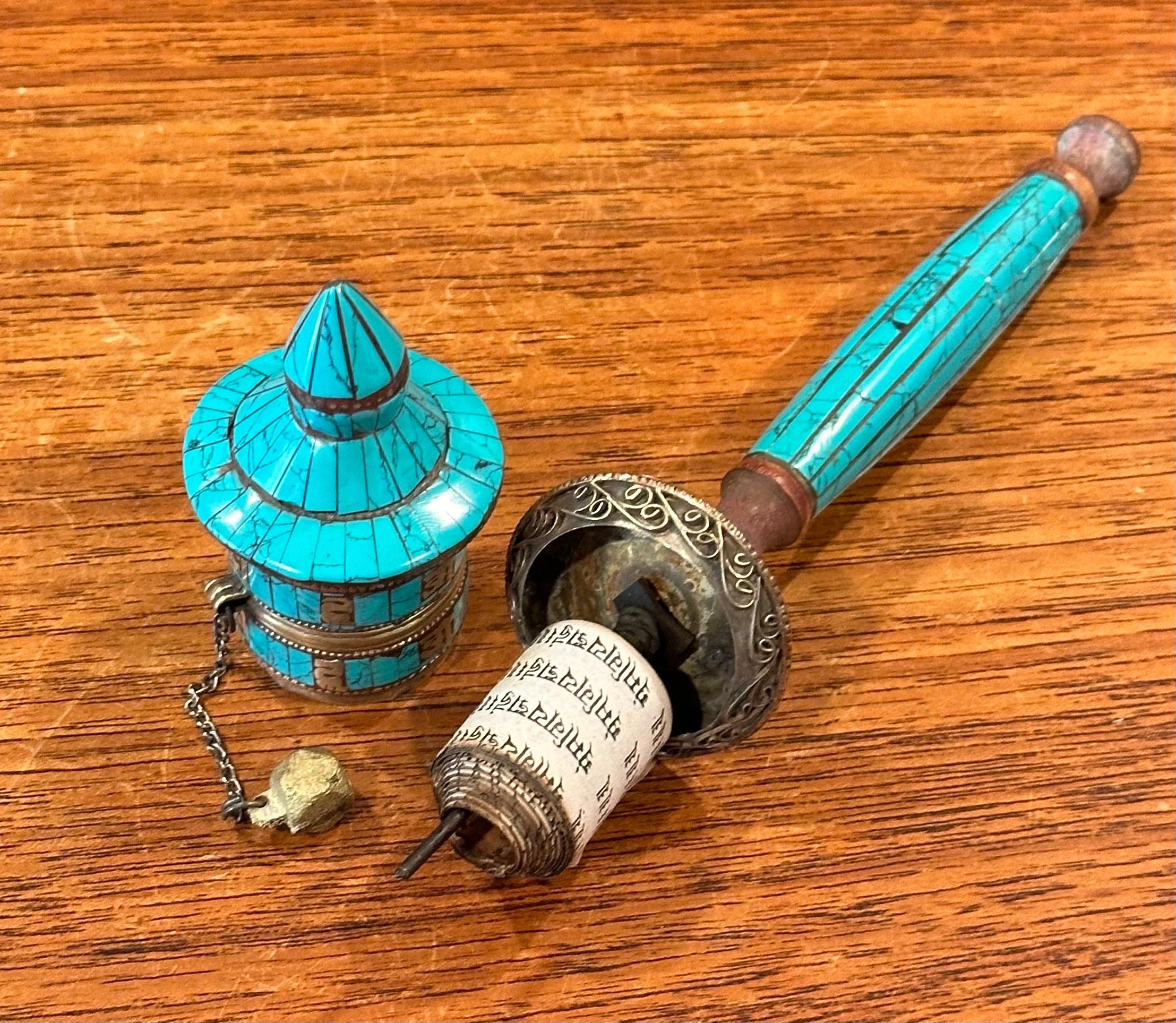 Vintage Tibetan Turquoise Prayer Wheel For Sale 7