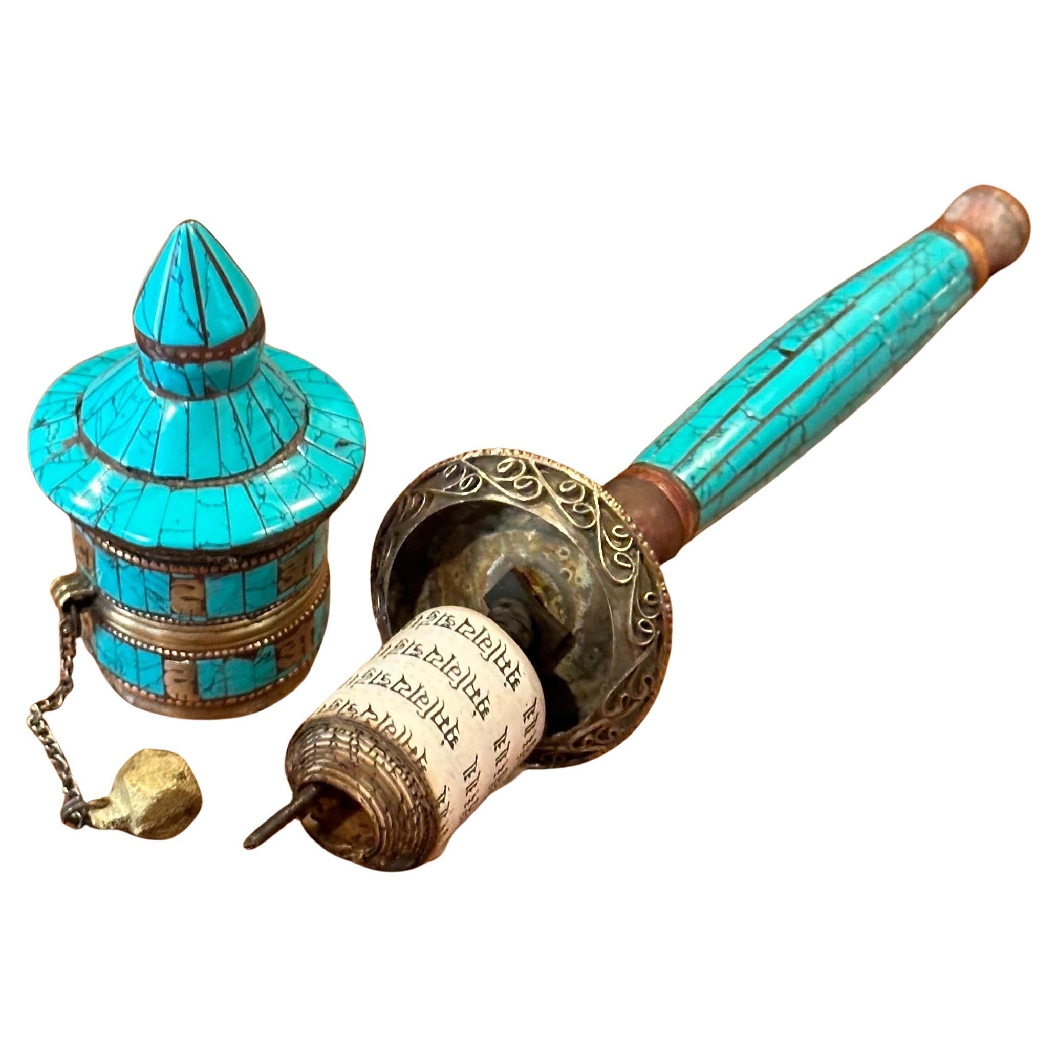 Mid-Century Modern Vintage Tibetan Turquoise Prayer Wheel For Sale