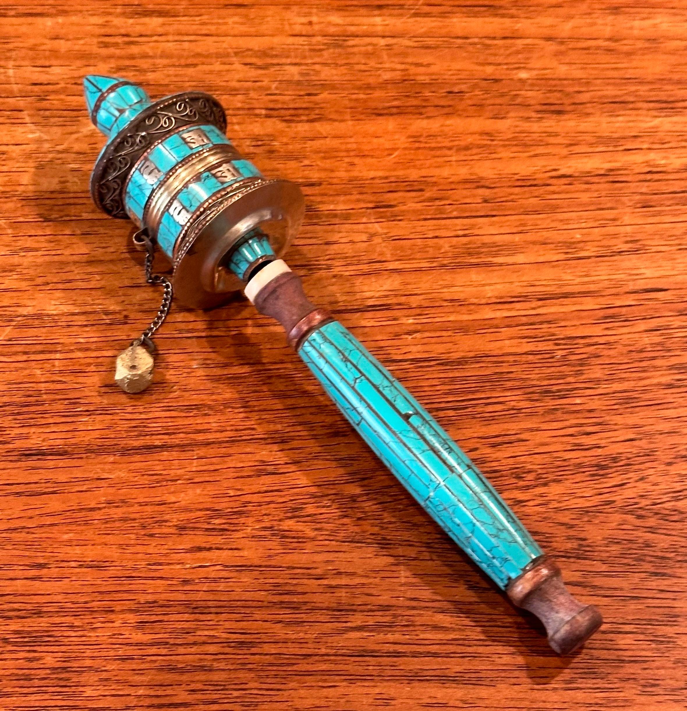 Vintage Tibetan Turquoise Prayer Wheel In Good Condition For Sale In San Diego, CA