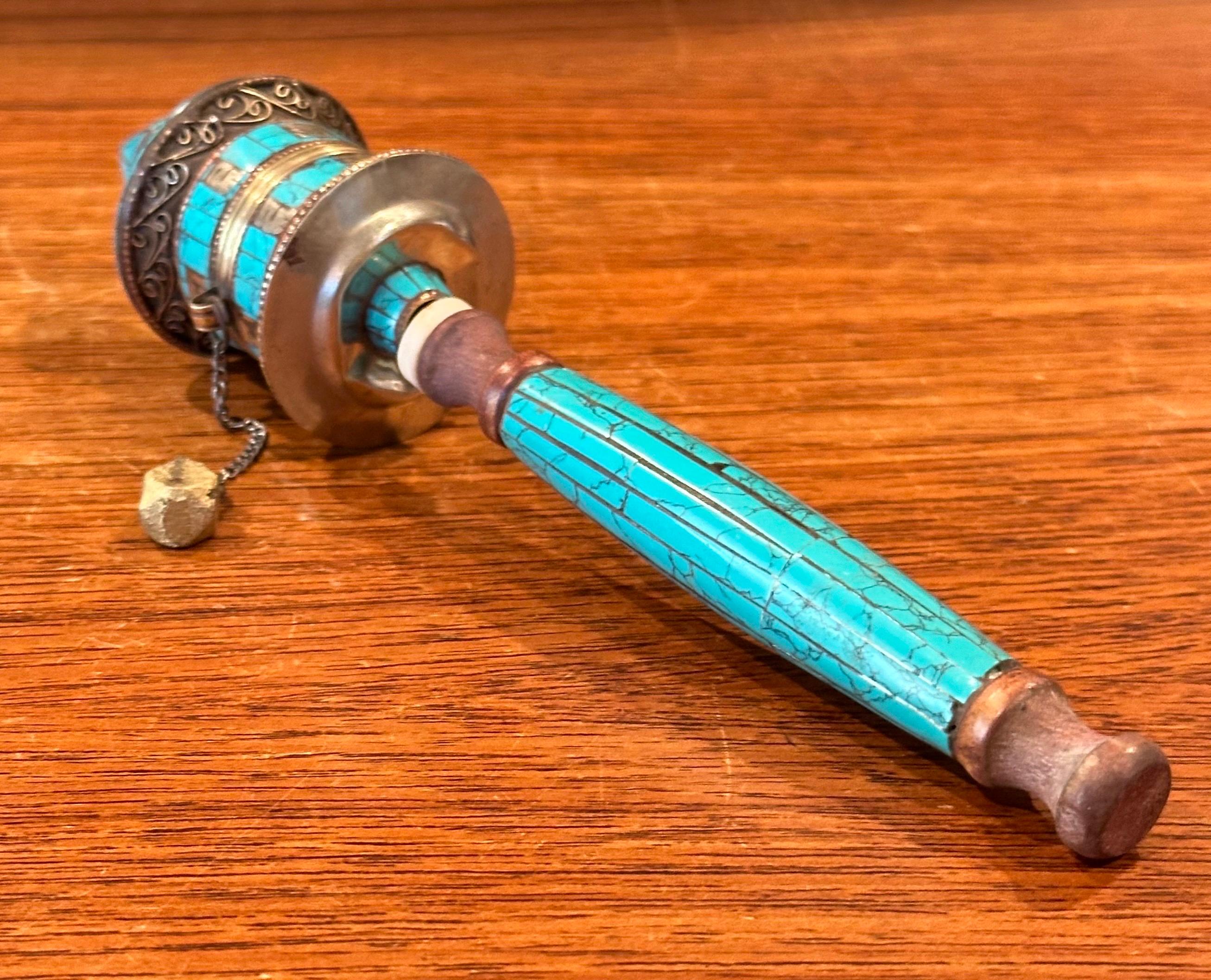 Brass Vintage Tibetan Turquoise Prayer Wheel For Sale