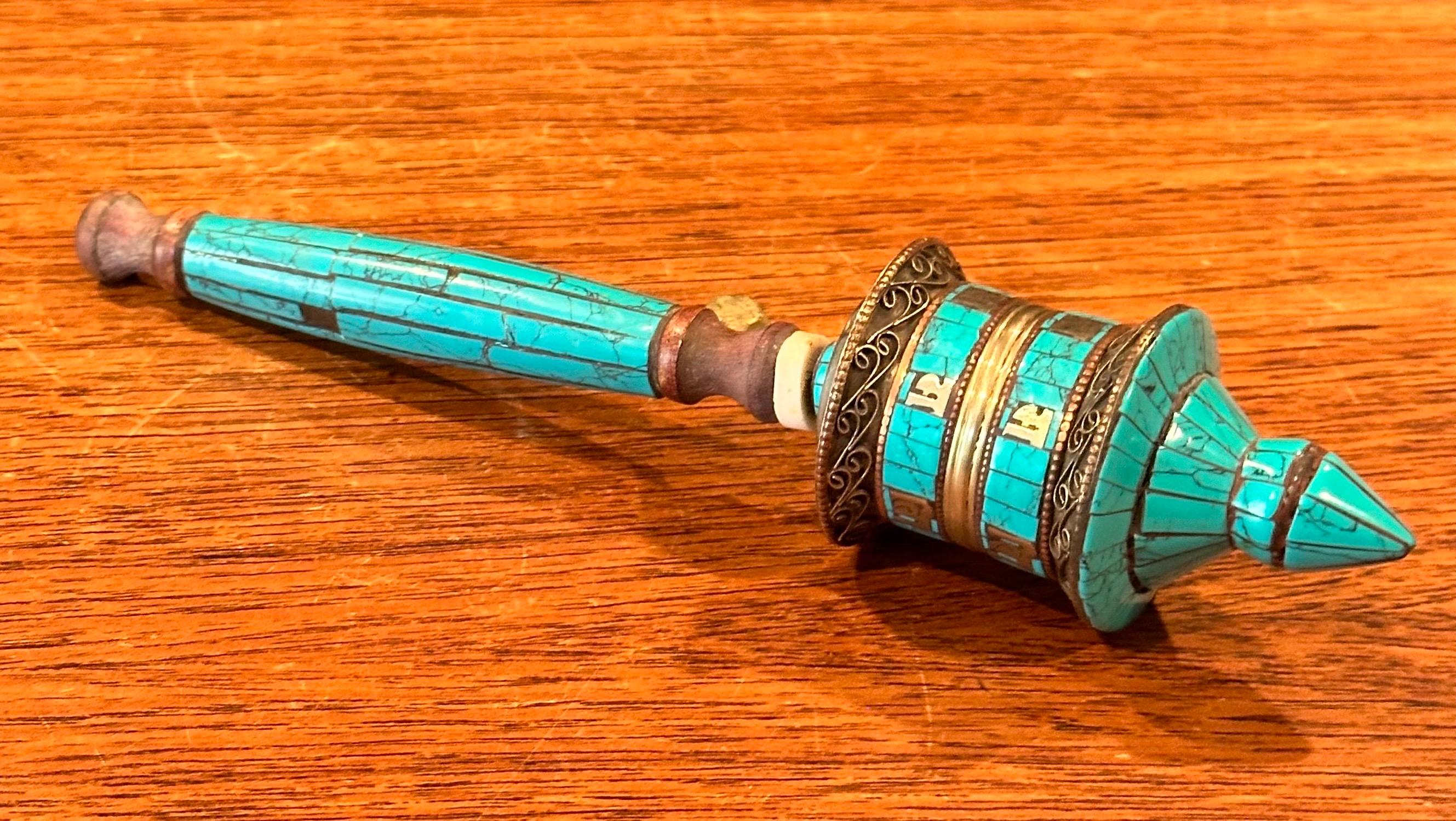 Vintage Tibetan Turquoise Prayer Wheel For Sale 2