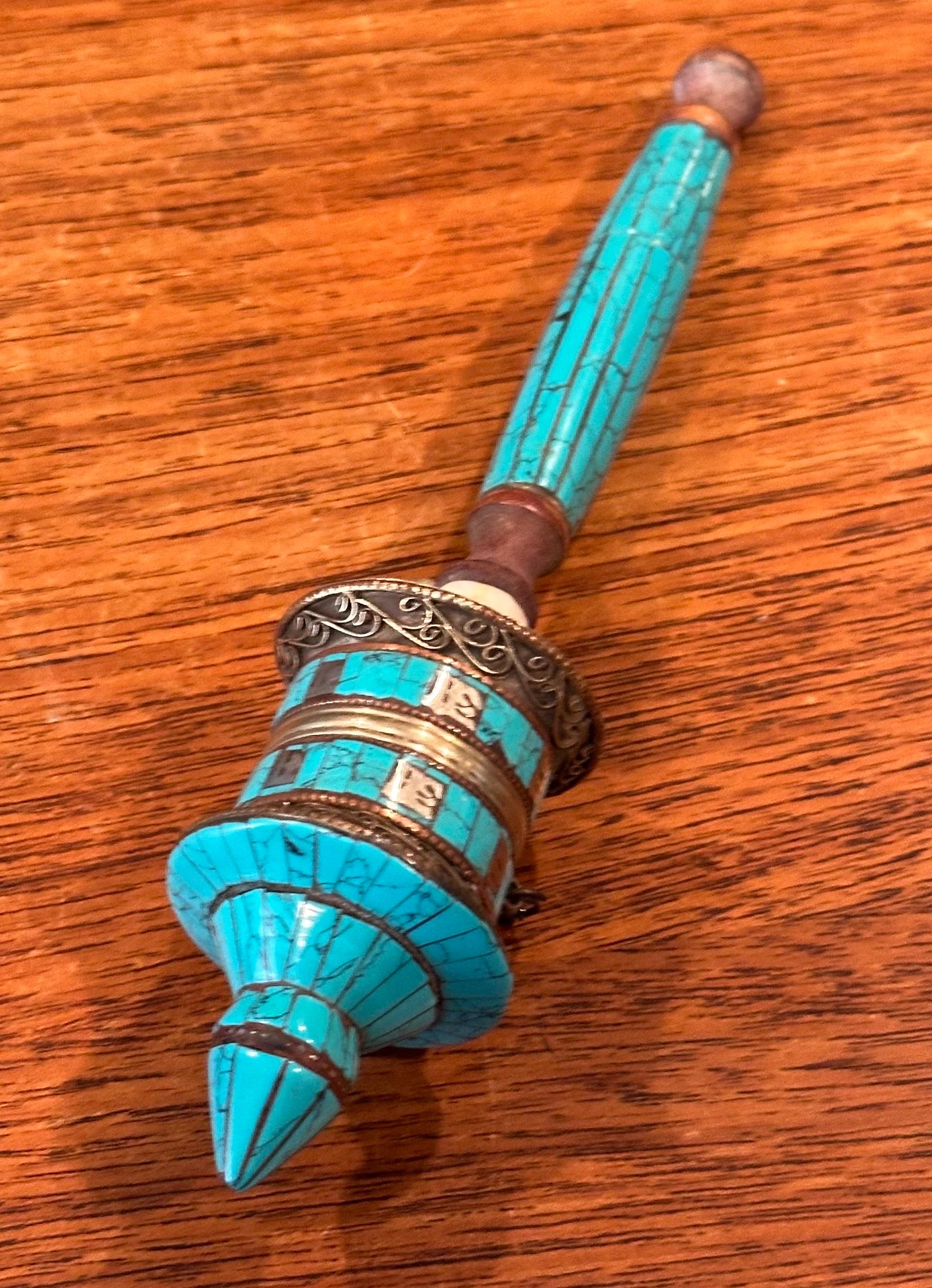 Vintage Tibetan Turquoise Prayer Wheel For Sale 3