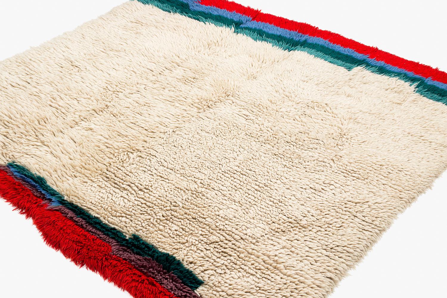 Tappeto tibetano vintage in lana bianca Pannello finale blu e rosso 6'2