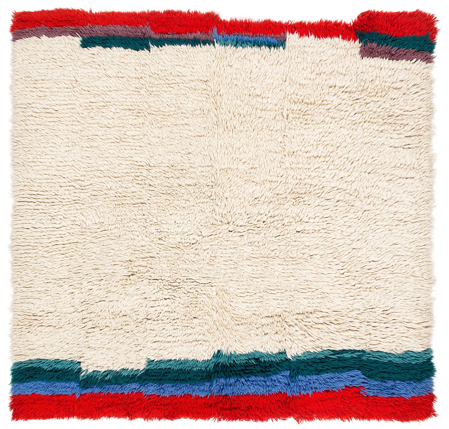Tappeto tibetano vintage in lana bianca Pannello finale blu e rosso 6'2
