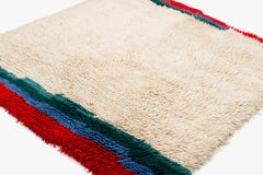 Vintage Tibetan White Wool Blanket Rug Blue and Red End Panel 6'2" (W) x 6' (L)