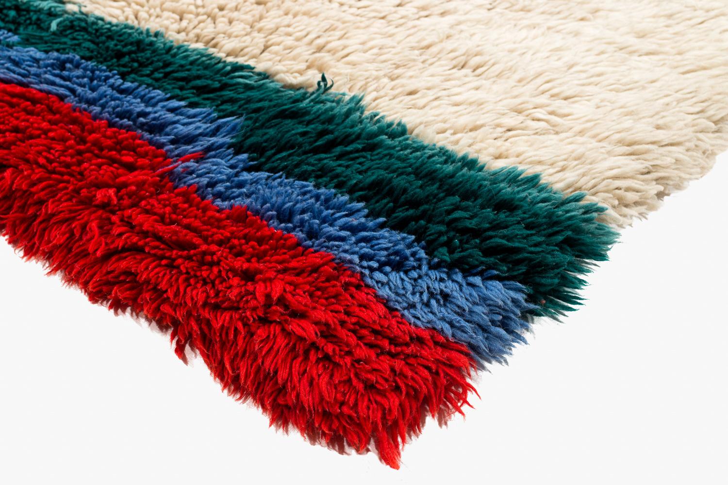 Tibetano Tappeto tibetano vintage in lana bianca Pannello finale blu e rosso 6'2