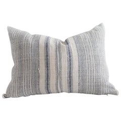 Vintage Ticking Stripe European Grain Sack Lumbar Pillow in Natural and Indigo