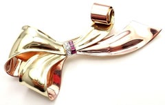 Vintage Tiffany & Co. Diamond Ruby Rose and Green Gold Bow Brooch Pin