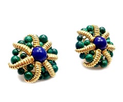 Vintage Tiffany & Co. Lapis Lazuli and Malachite Large Yellow Gold Earrings