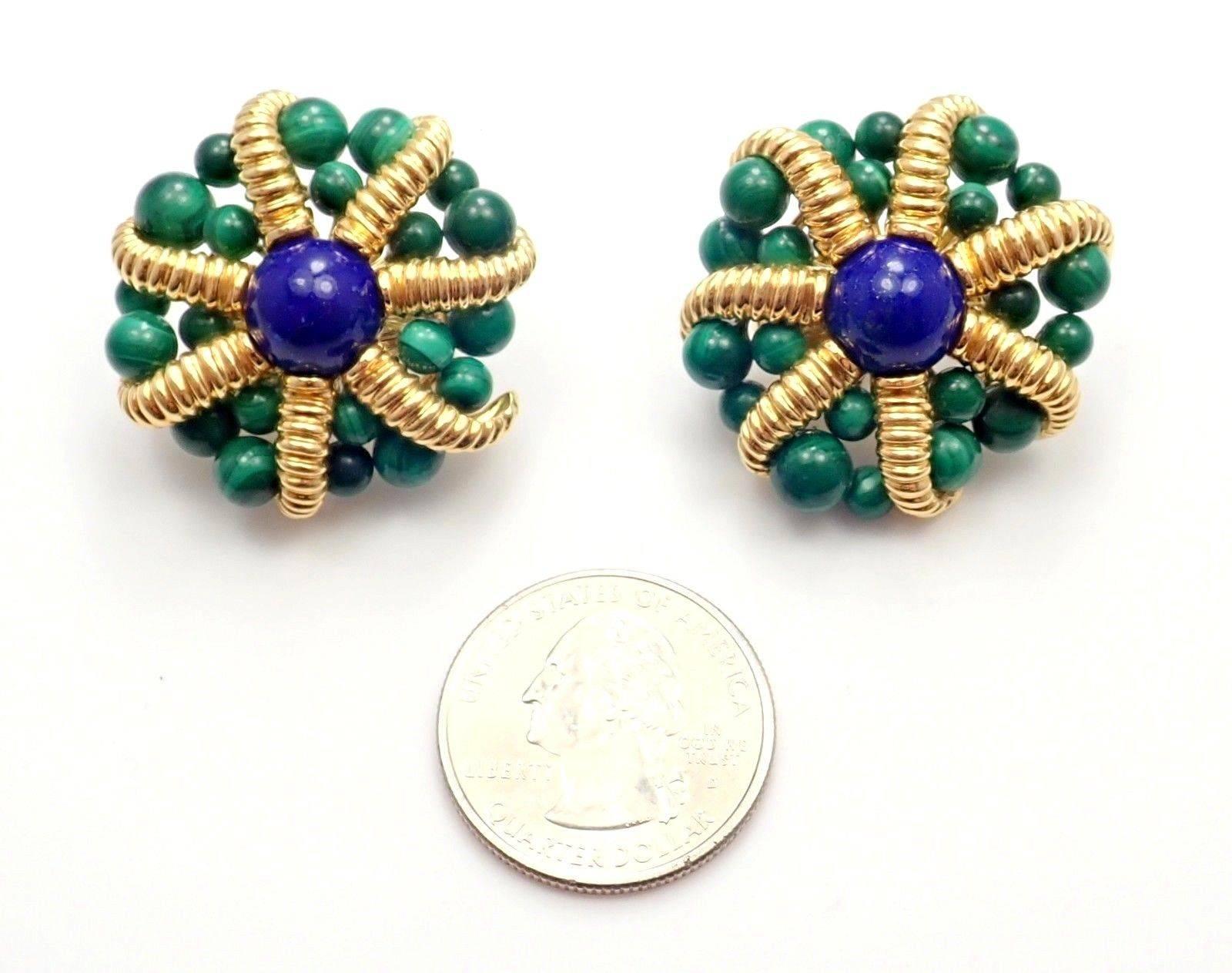 Vintage Tiffany & Co. Lapis Lazuli and Malachite Large Yellow Gold Earrings In New Condition In Holland, PA