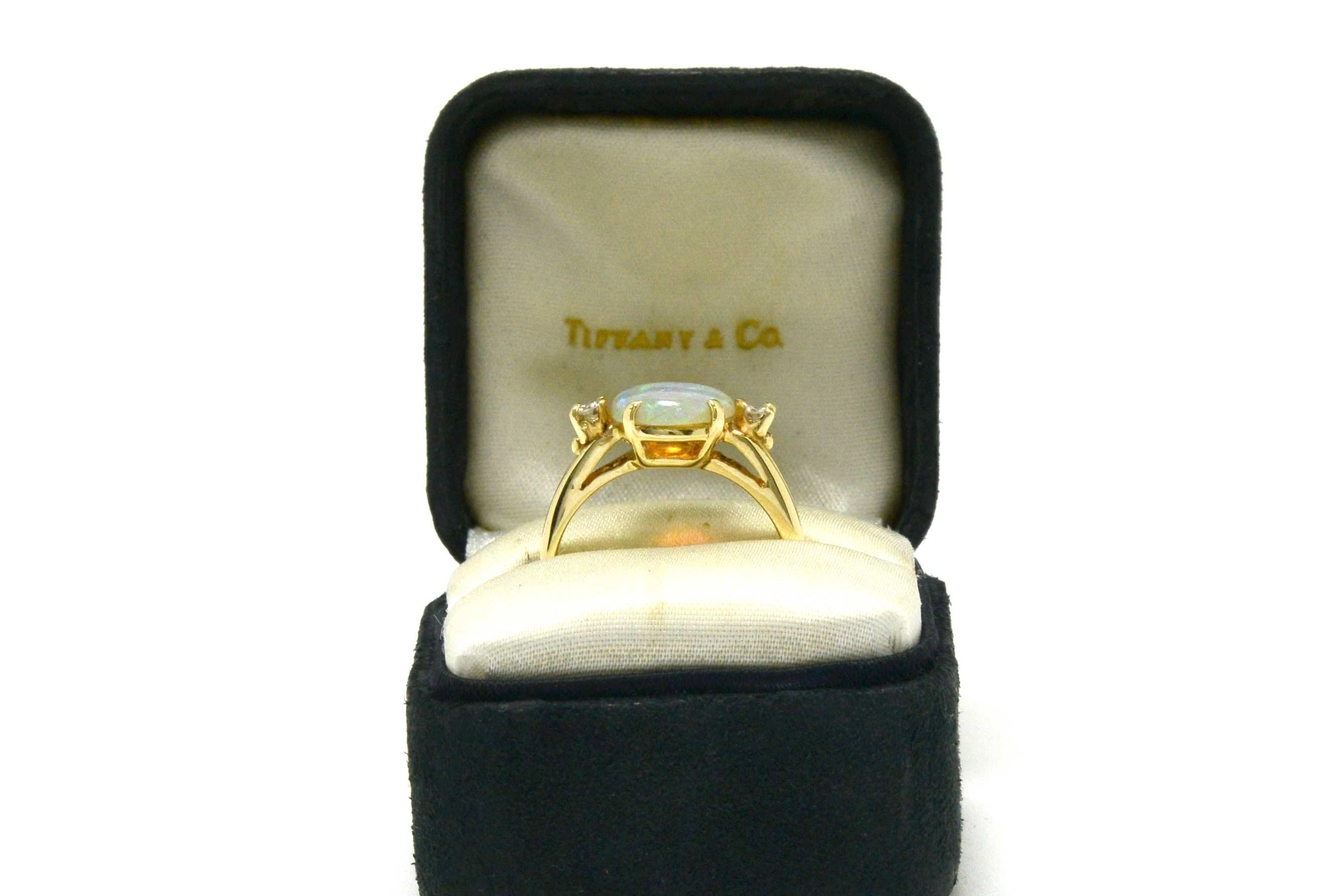 Oval Cut Vintage Tiffany & Co. 3-Stone Ring Opal and Diamond Ring Midcentury Estate