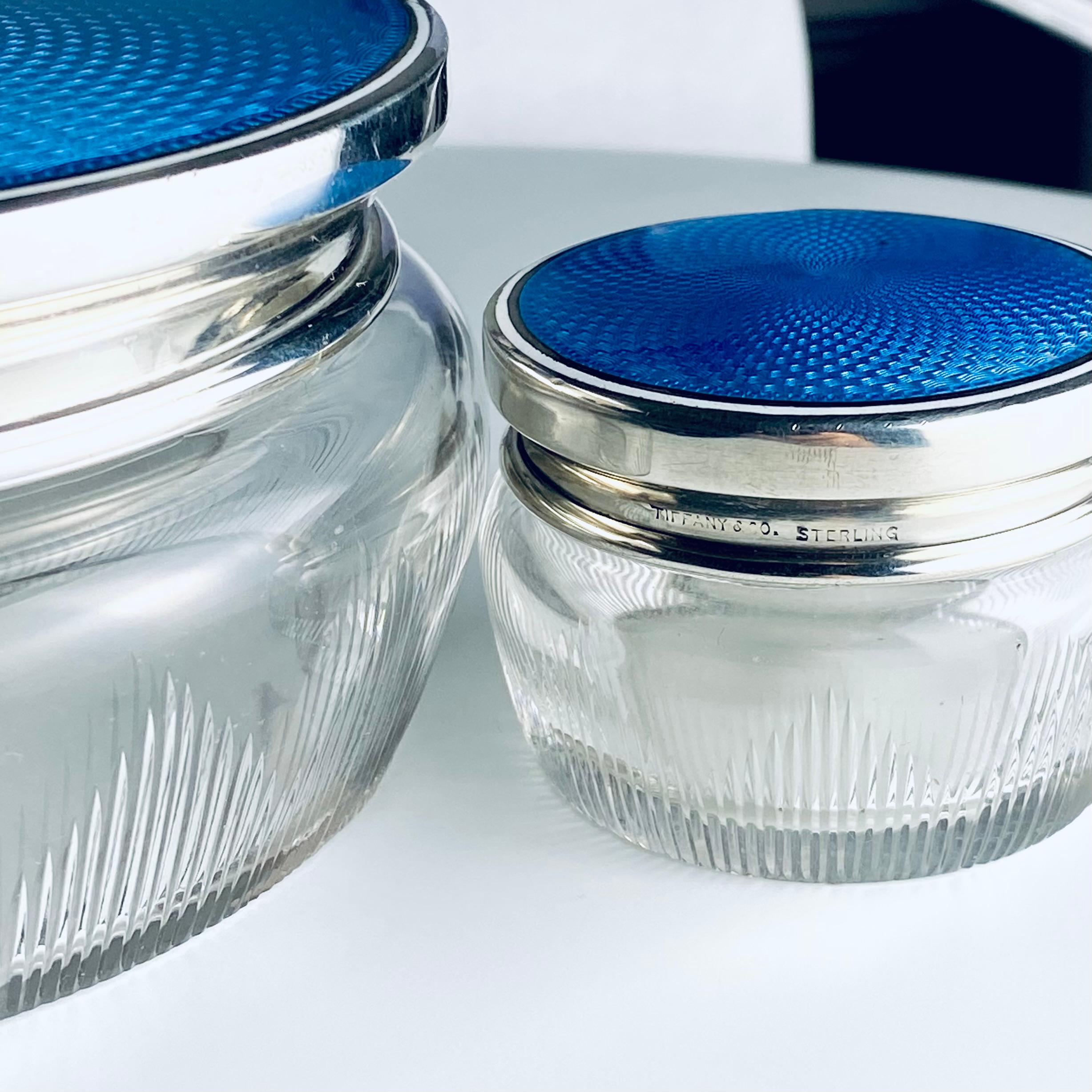 Vintage Tiffany an Co. Sterling Silver Blue Guilloché Enamel Covered Jars Pair 9