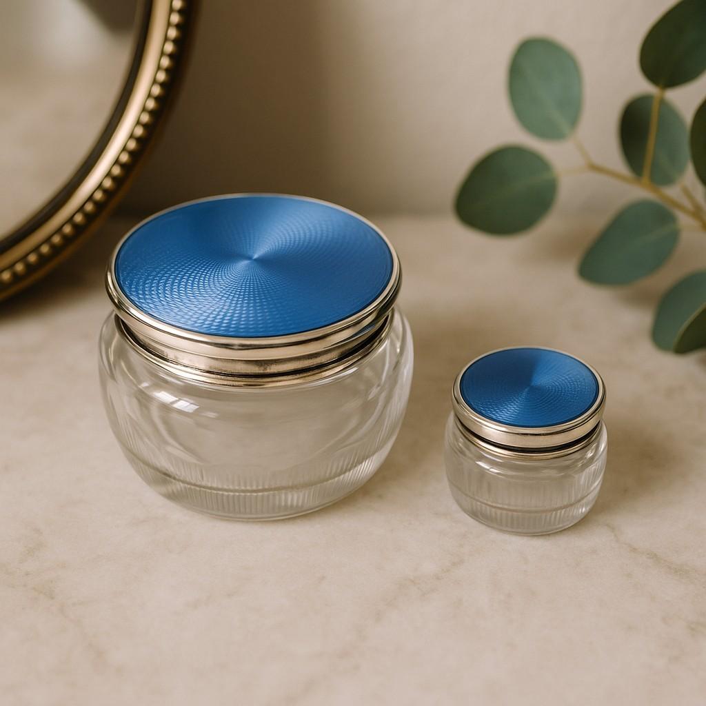 Art Deco Vintage Tiffany an Co. Sterling Silver Blue Guilloché Enamel Covered Jars Pair