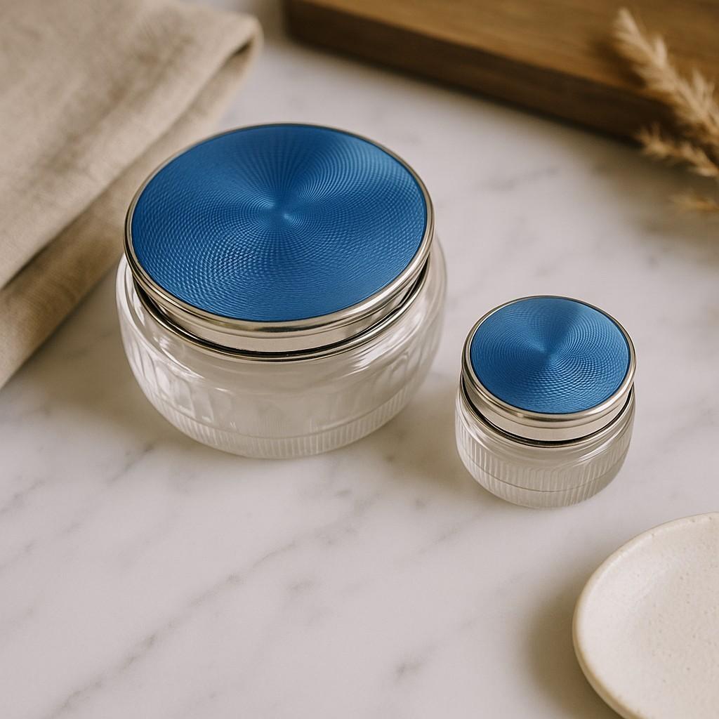 Vintage Tiffany an Co. Sterling Silver Blue Guilloché Enamel Covered Jars Pair 6
