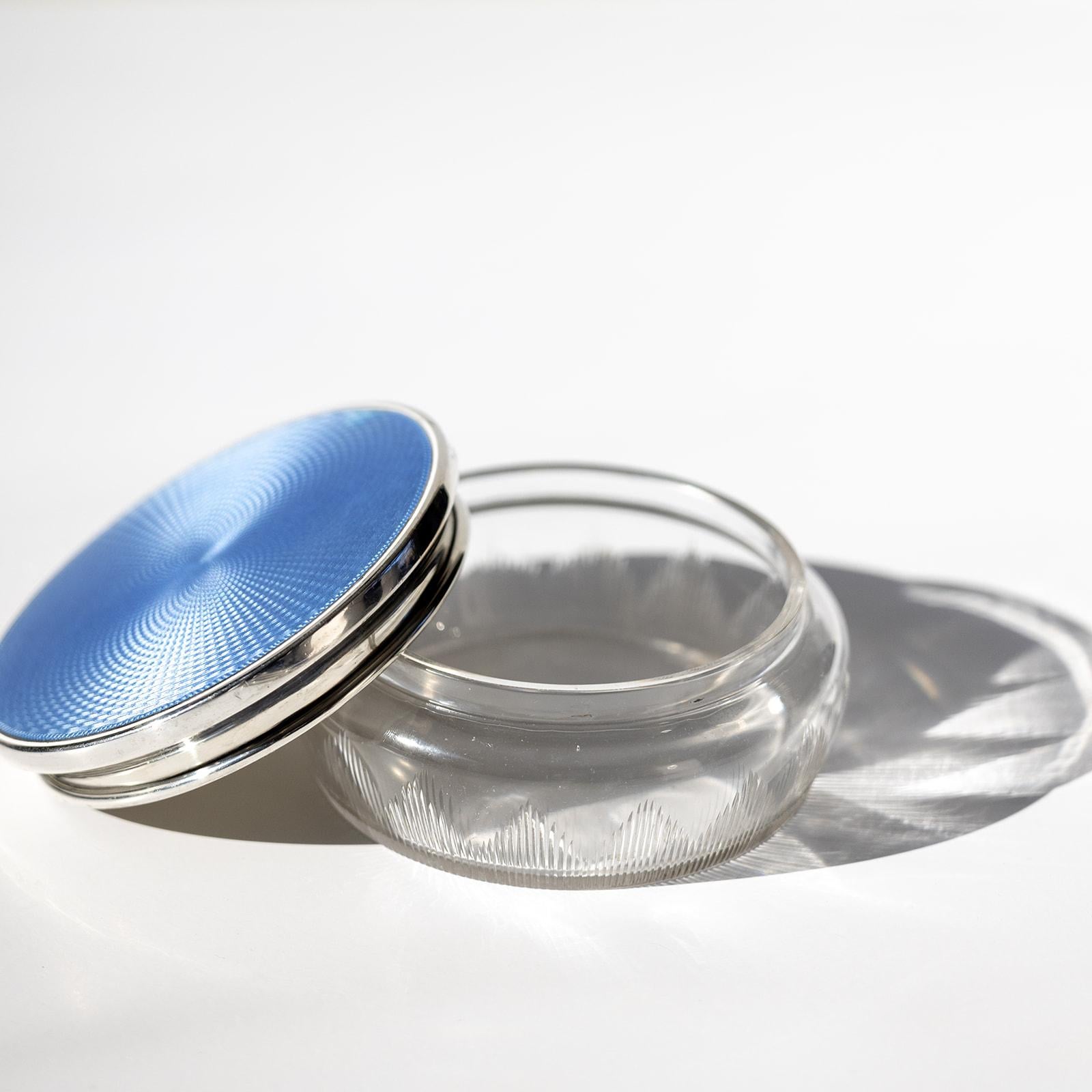 Vintage Tiffany an Co. Sterling Silver Blue Guilloché Enamel Covered Jars Pair In Good Condition In New York, NY