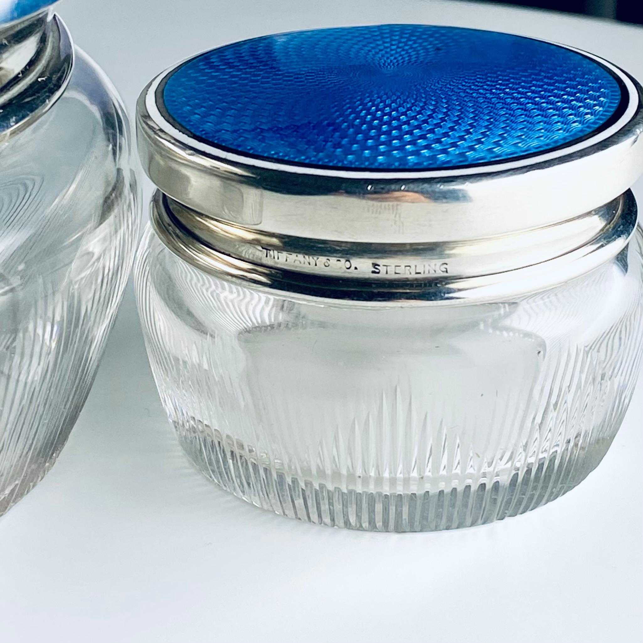 Vintage Tiffany an Co. Sterling Silver Blue Guilloché Enamel Covered Jars Pair 7