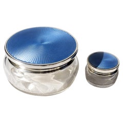 Vintage Tiffany an Co. Sterling Silver Blue Guilloché Enamel Covered Jars Pair