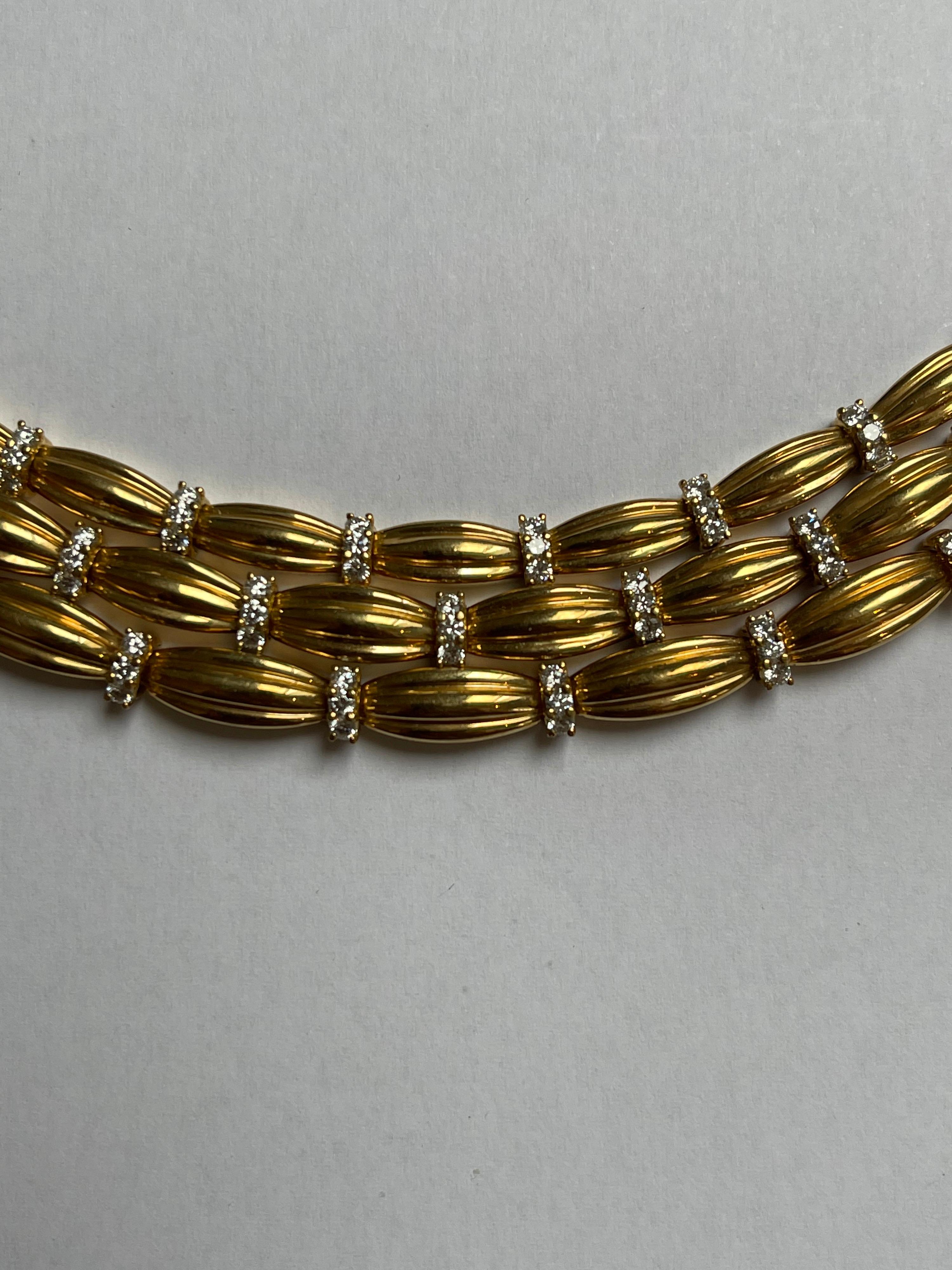 Round Cut Vintage Tiffany & Co. 18 Karat Yellow Gold and Diamond Three Row Necklace For Sale