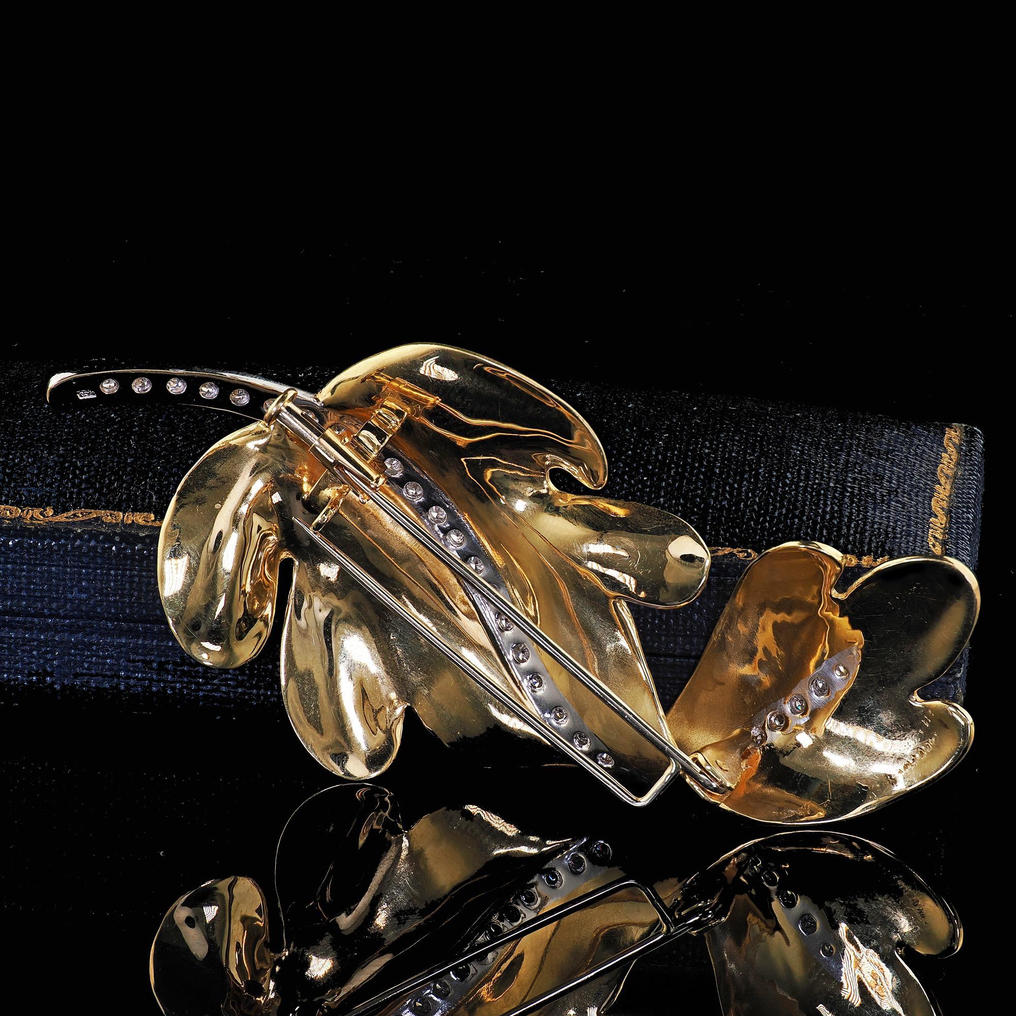 Contemporary Vintage Tiffany and Co 18K Yellow Gold and Platinum Diamond Leaf Pin For Sale