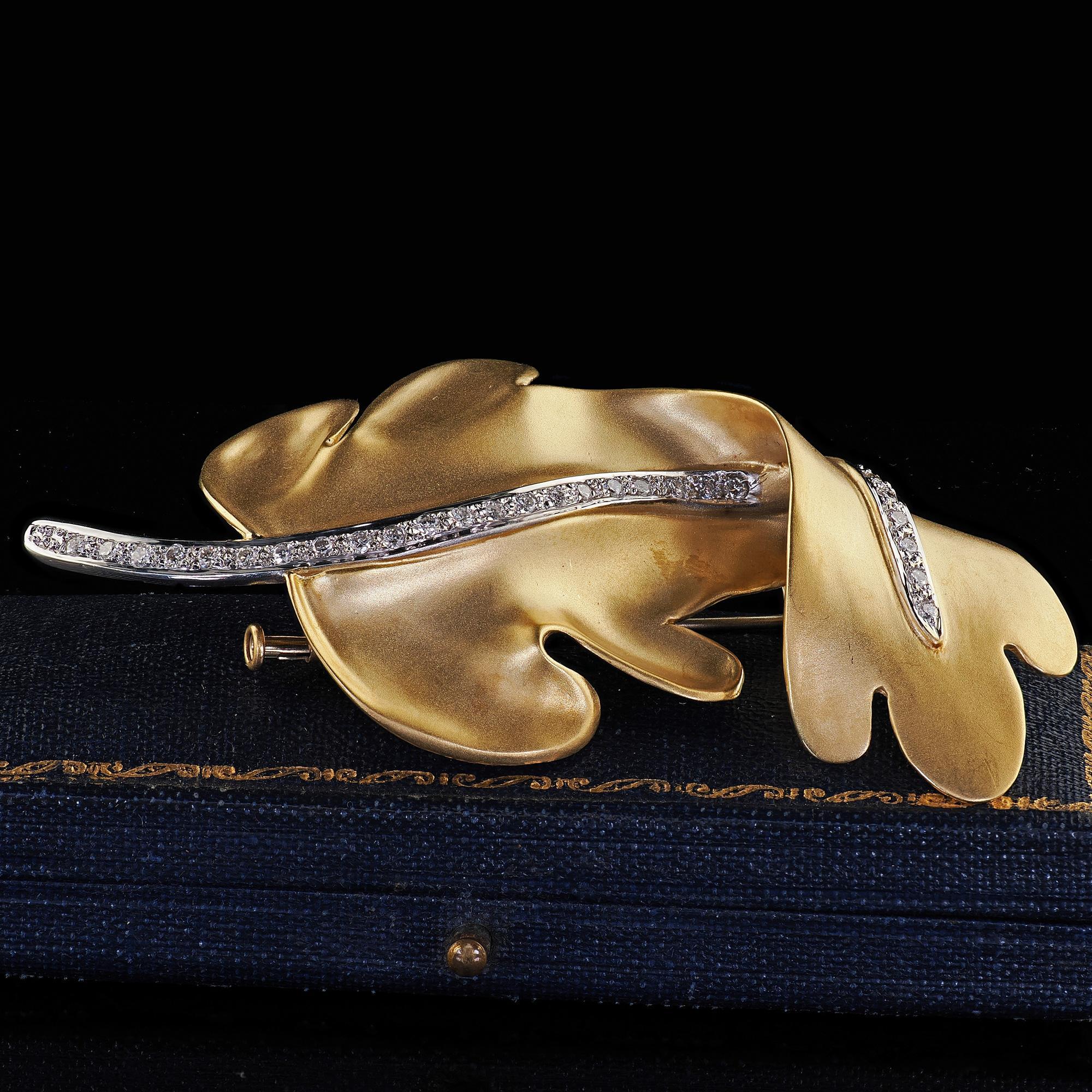 Round Cut Vintage Tiffany and Co 18K Yellow Gold and Platinum Diamond Leaf Pin For Sale