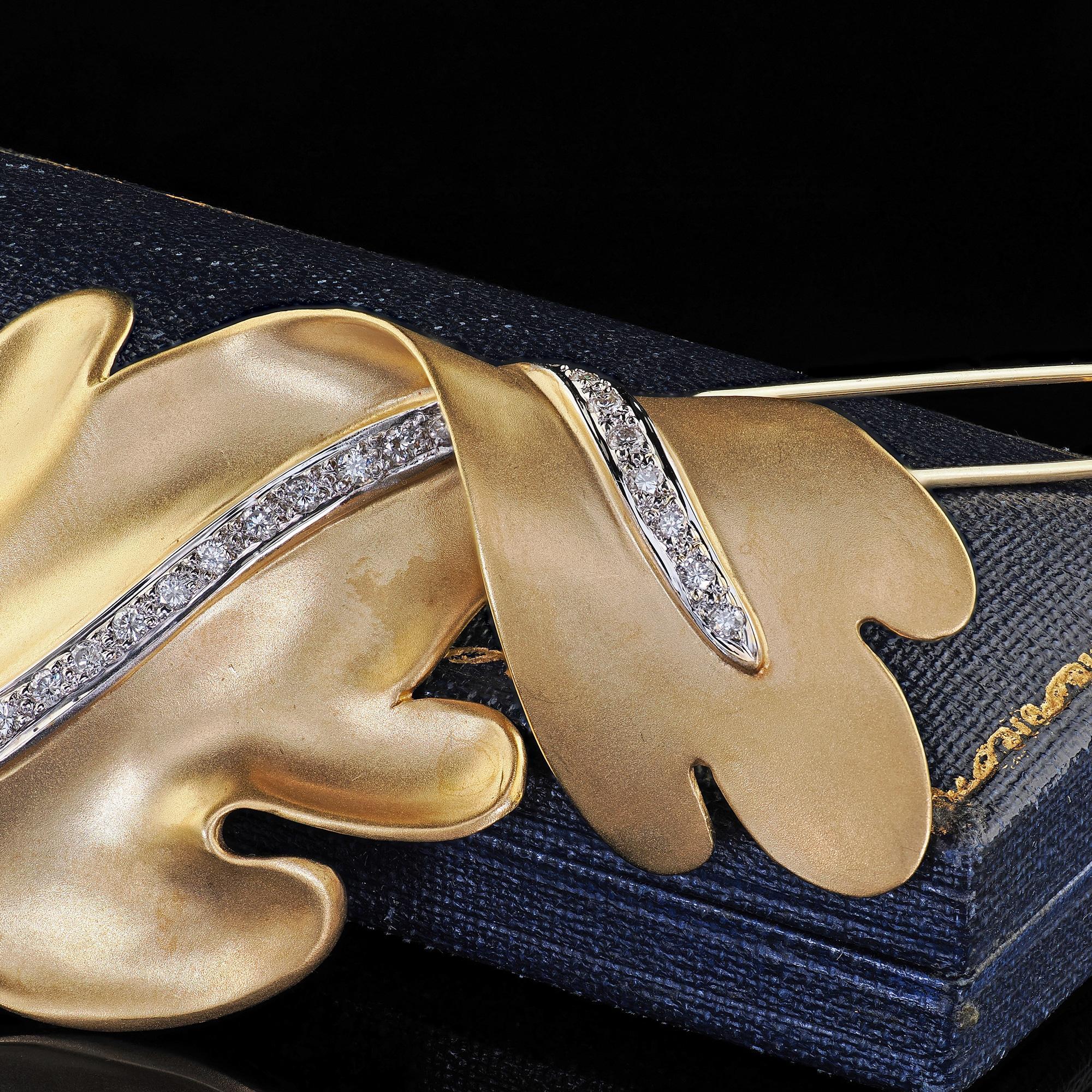 Women's Vintage Tiffany and Co 18K Yellow Gold and Platinum Diamond Leaf Pin For Sale