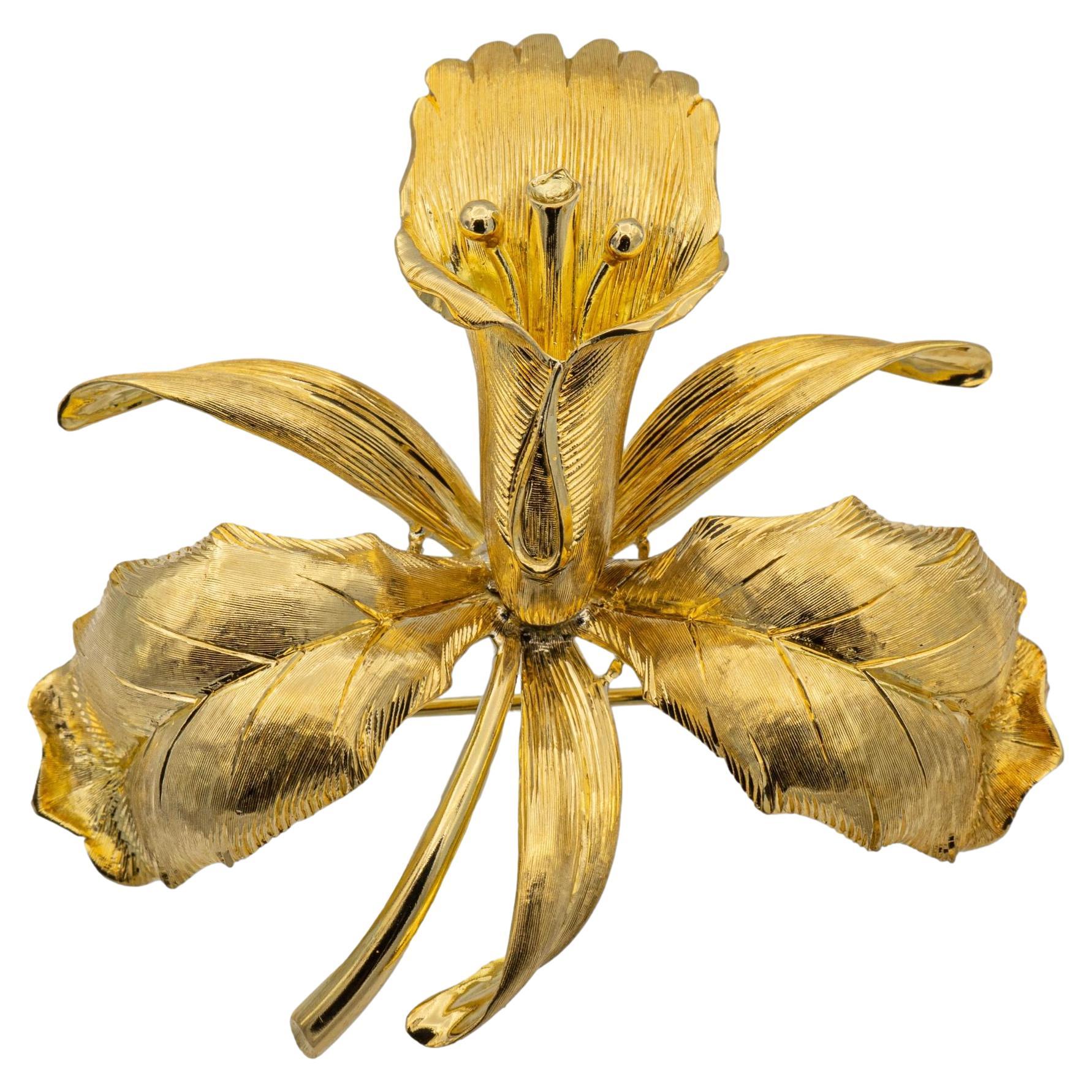 Vintage Tiffany and Co. 18K Yellow Gold Orchid Flower Brooch, Italy 1950's