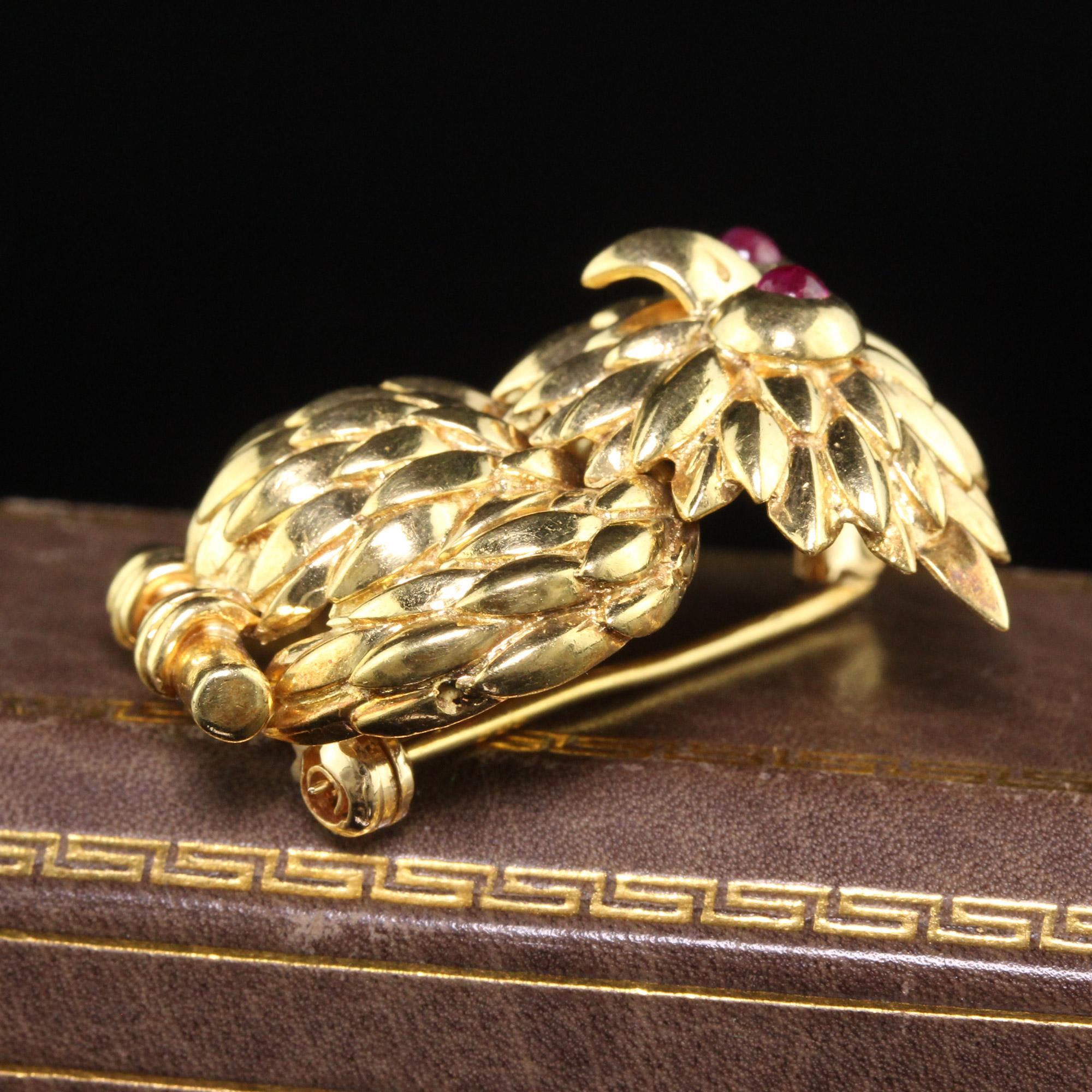 Modern Vintage Tiffany and Co 18K Yellow Gold Ruby Owl Brooch Pin For Sale