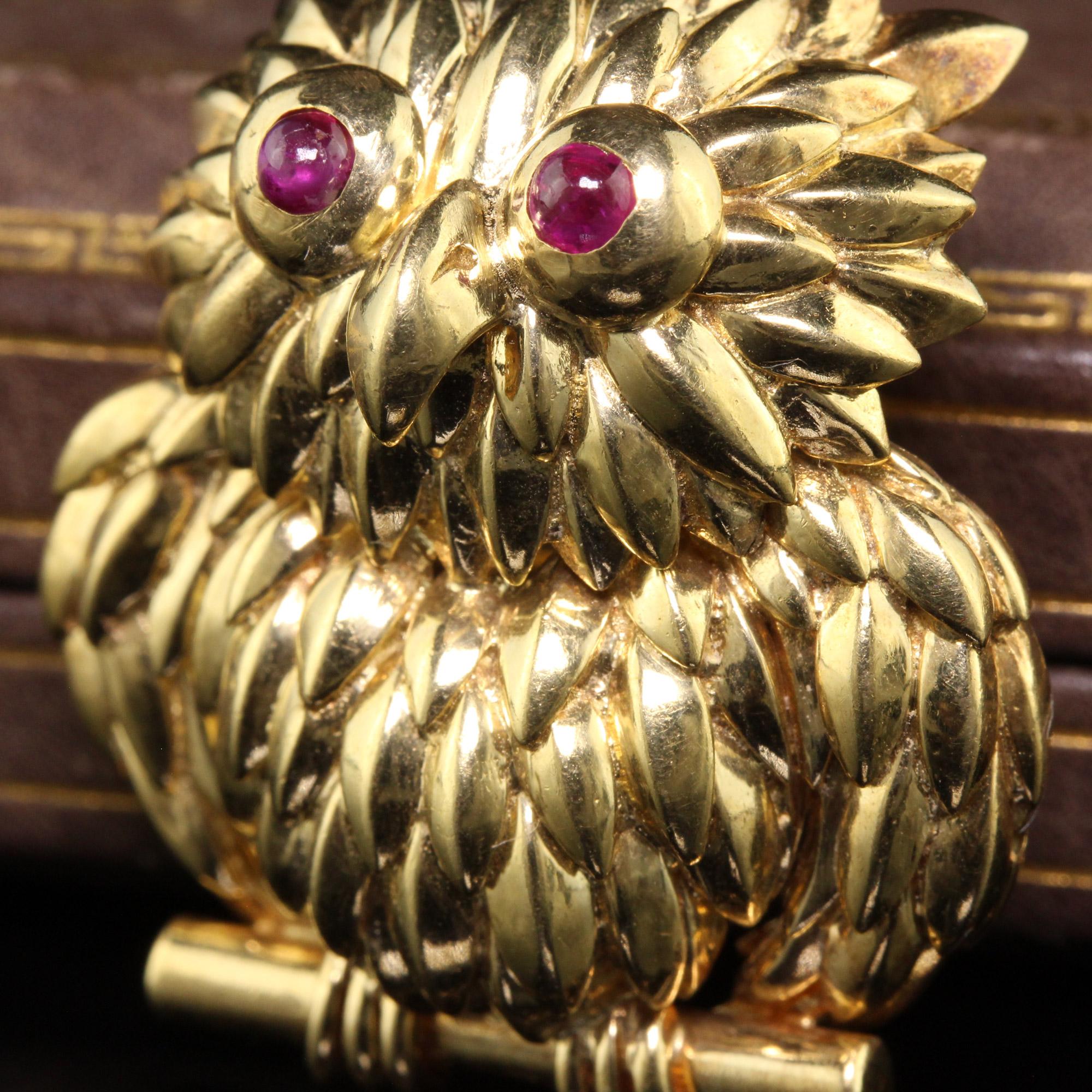 Cabochon Vintage Tiffany and Co 18K Yellow Gold Ruby Owl Brooch Pin For Sale