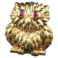 Retro Tiffany and Co 18K Yellow Gold Ruby Owl Brooch Pin