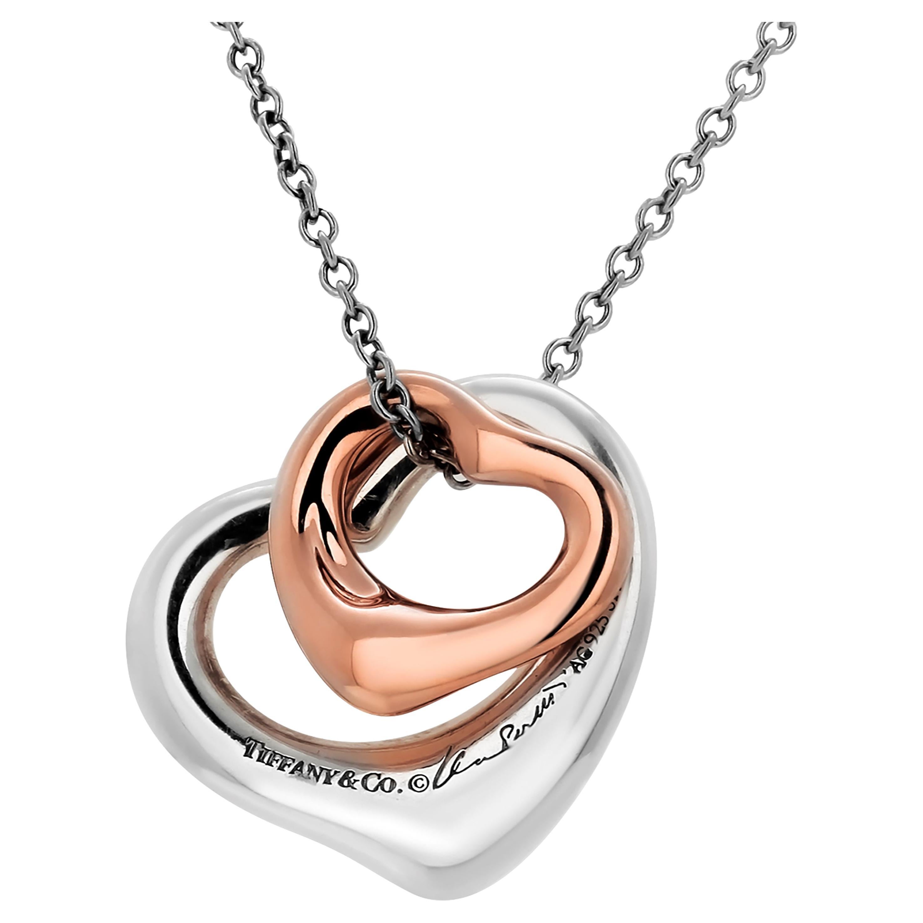 Tiffany Co. Double Open Heart Necklace 0.50 Inch Rose Gold and 0.55 Inch Silver