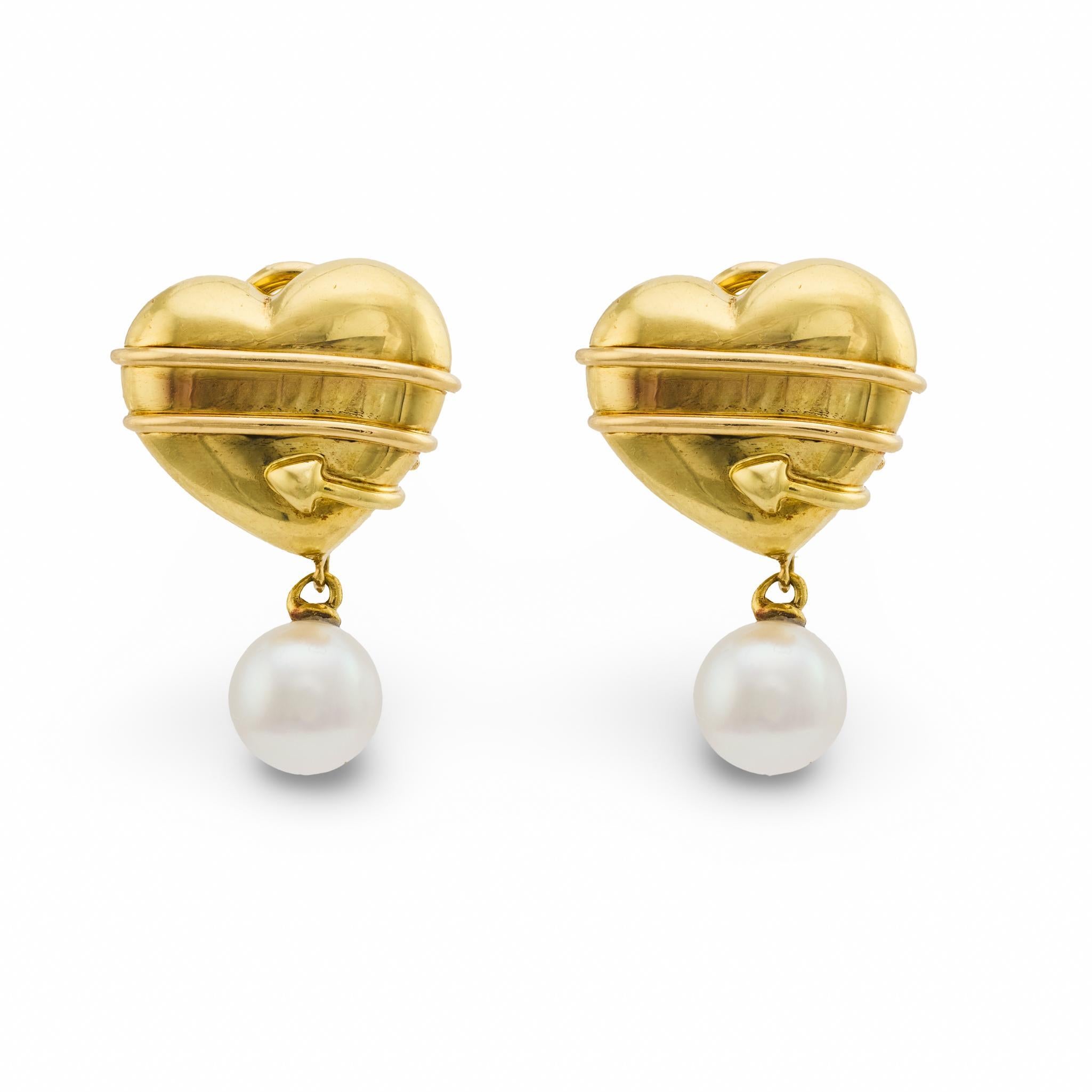 Vintage Tiffany and Co. pearl 18k yellow gold Cupid arrow drop earrings